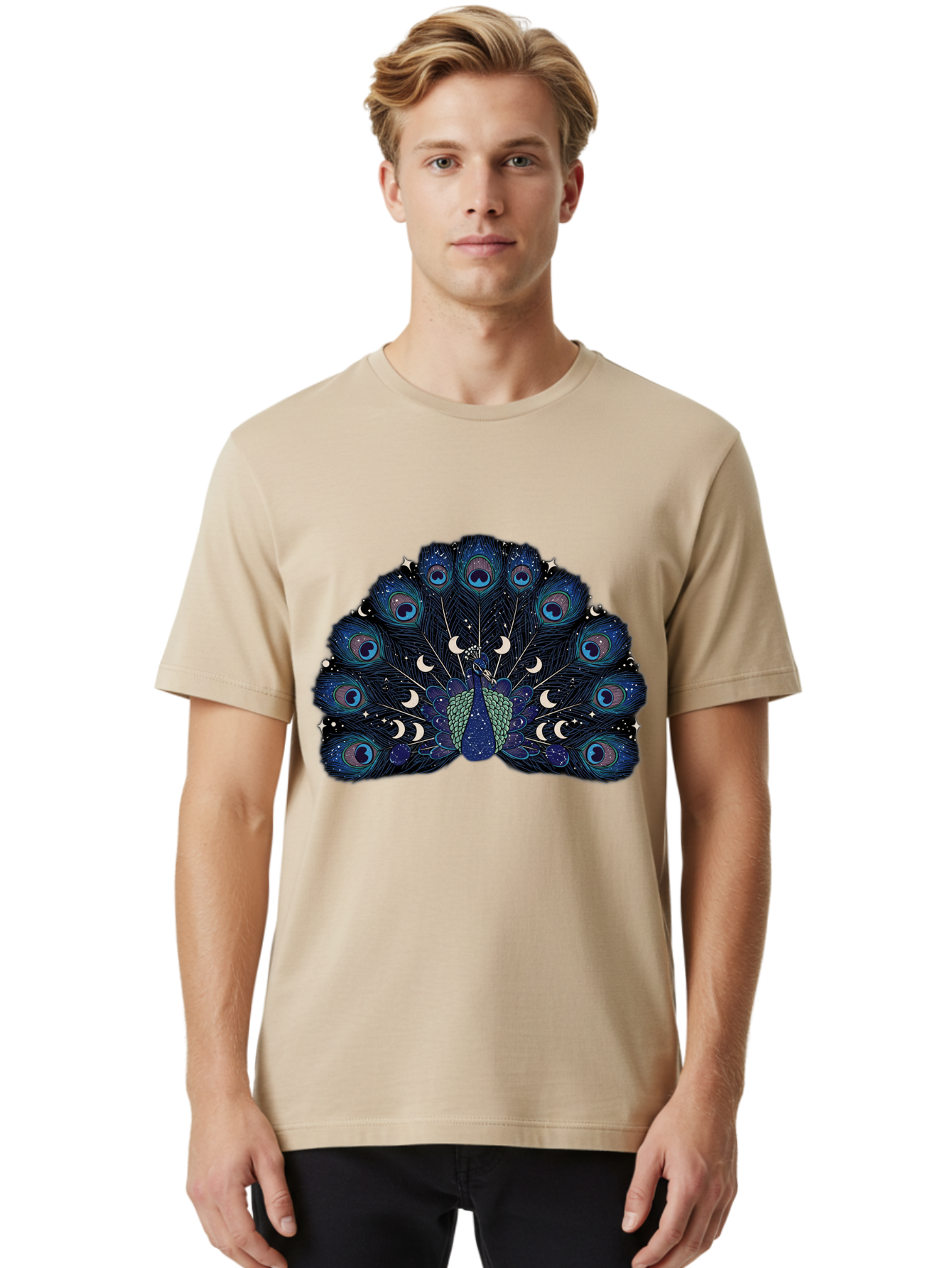 Celestial-Peacock Men'S Graphic Tee, 100% Cotton, Comfortable Casual Summer Wear, Machine Washable, Peacock, Moon Phases, Celestial, Night Sky, Stars, Crescent Moons, Blue Feathers, Eye-Catching, Vibrant, Lunar Cycle, Mystical, Night, Magic Baa280