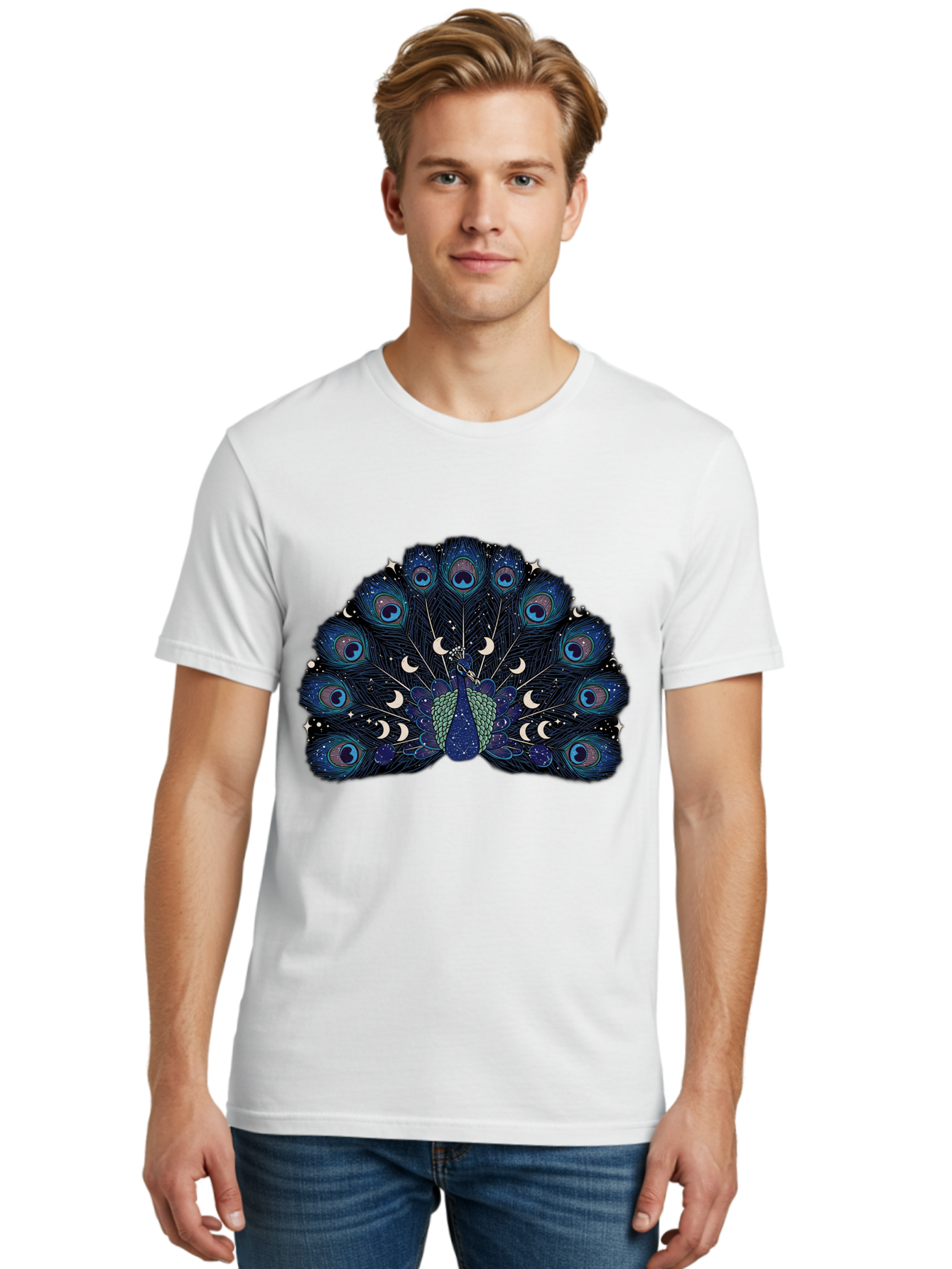 Celestial-Peacock Men'S Graphic Tee, 100% Cotton, Comfortable Casual Summer Wear, Machine Washable, Peacock, Moon Phases, Celestial, Night Sky, Stars, Crescent Moons, Blue Feathers, Eye-Catching, Vibrant, Lunar Cycle, Mystical, Night, Magic Baa280