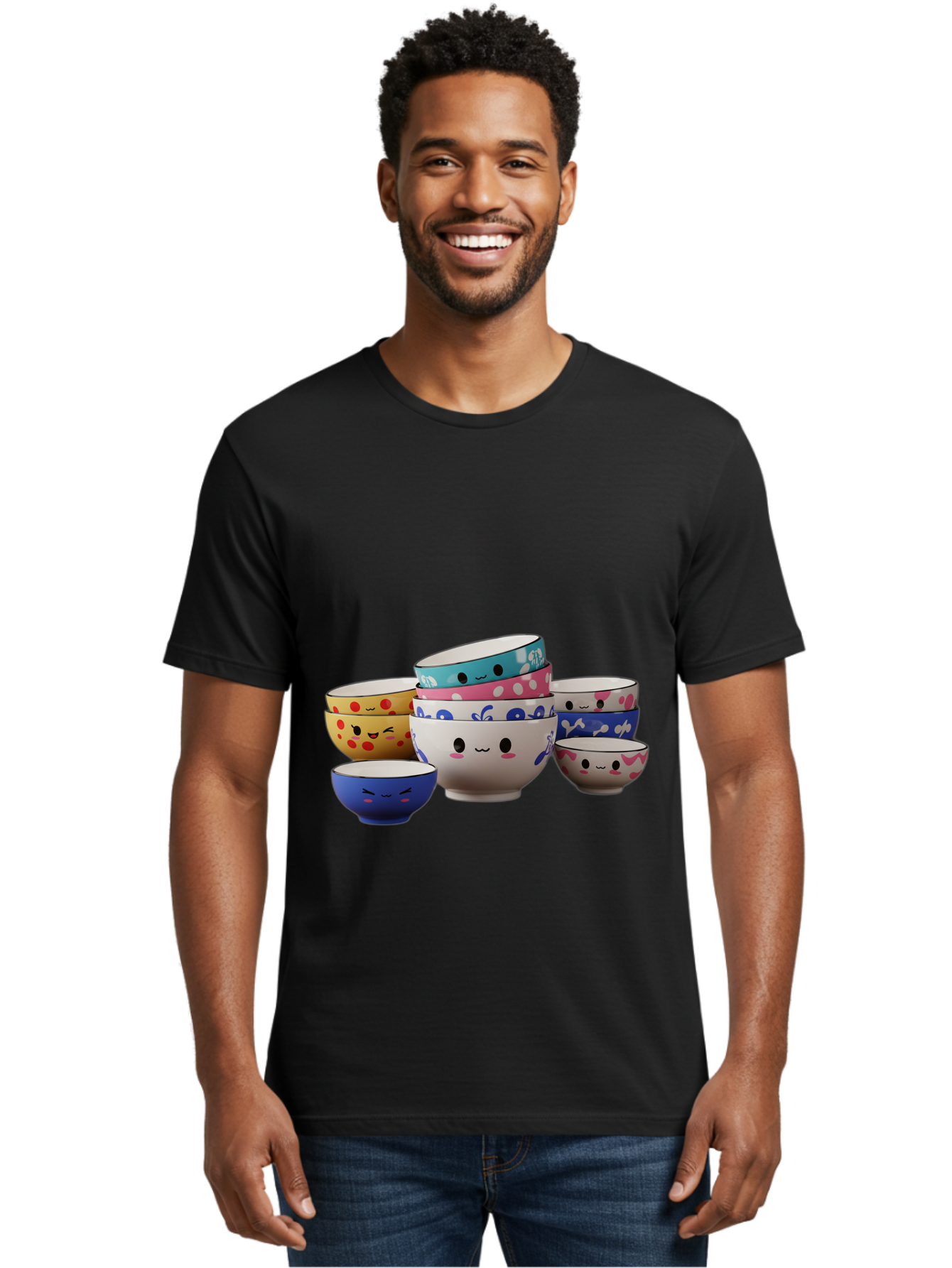 Cereal-Bowls Men'S Graphic Tee, 100% Cotton, Comfortable Casual Summer Wear, Machine Washable, Stacked Ceramic Bowls, Colorful Designs, Fun Patterns, Emotive Faces, Playful Tableware, Kawaii Style, Adorable Kitchenware, Vibrant Colors, Baa281