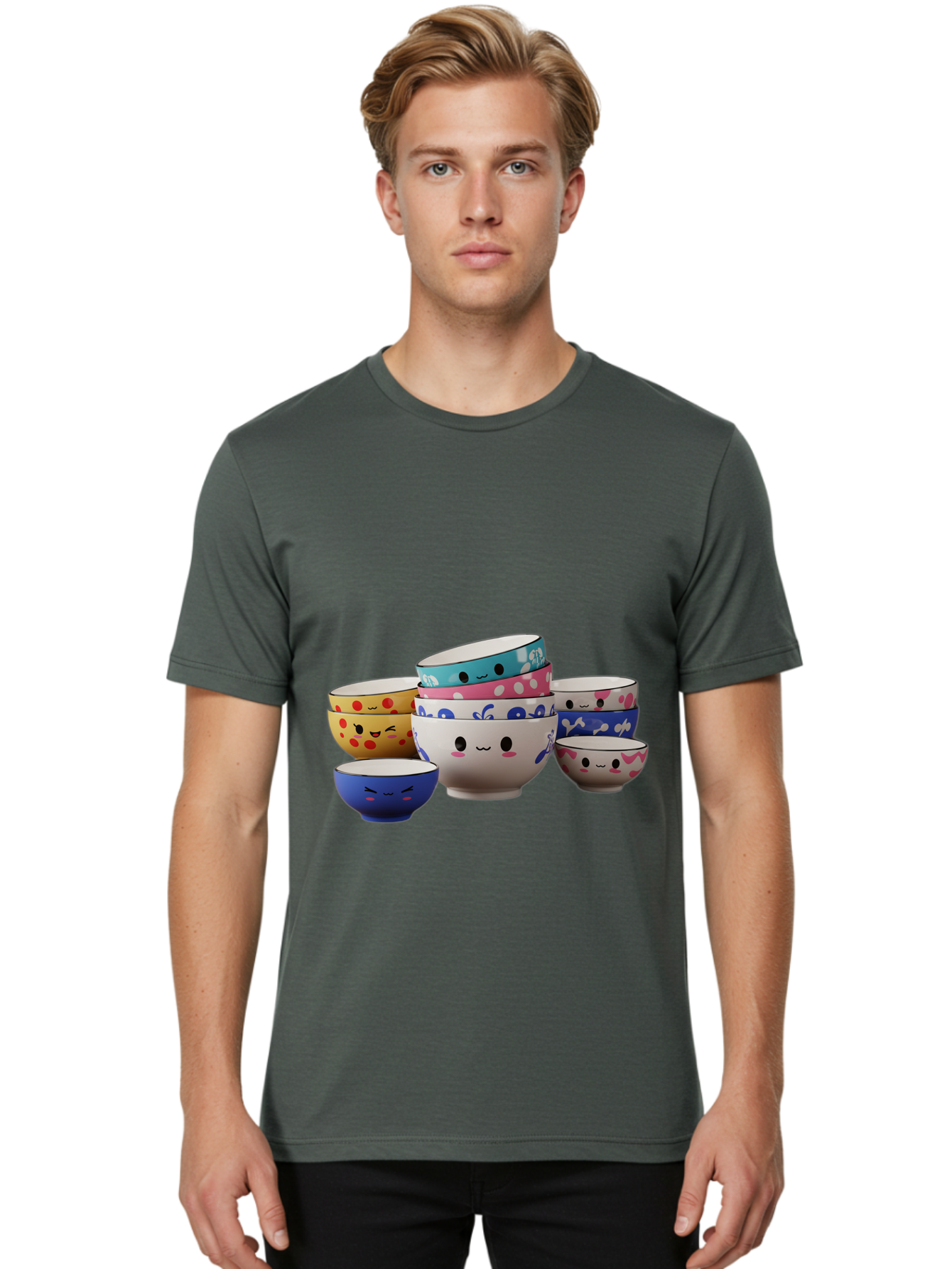 Cereal-Bowls Men'S Graphic Tee, 100% Cotton, Comfortable Casual Summer Wear, Machine Washable, Stacked Ceramic Bowls, Colorful Designs, Fun Patterns, Emotive Faces, Playful Tableware, Kawaii Style, Adorable Kitchenware, Vibrant Colors, Baa281