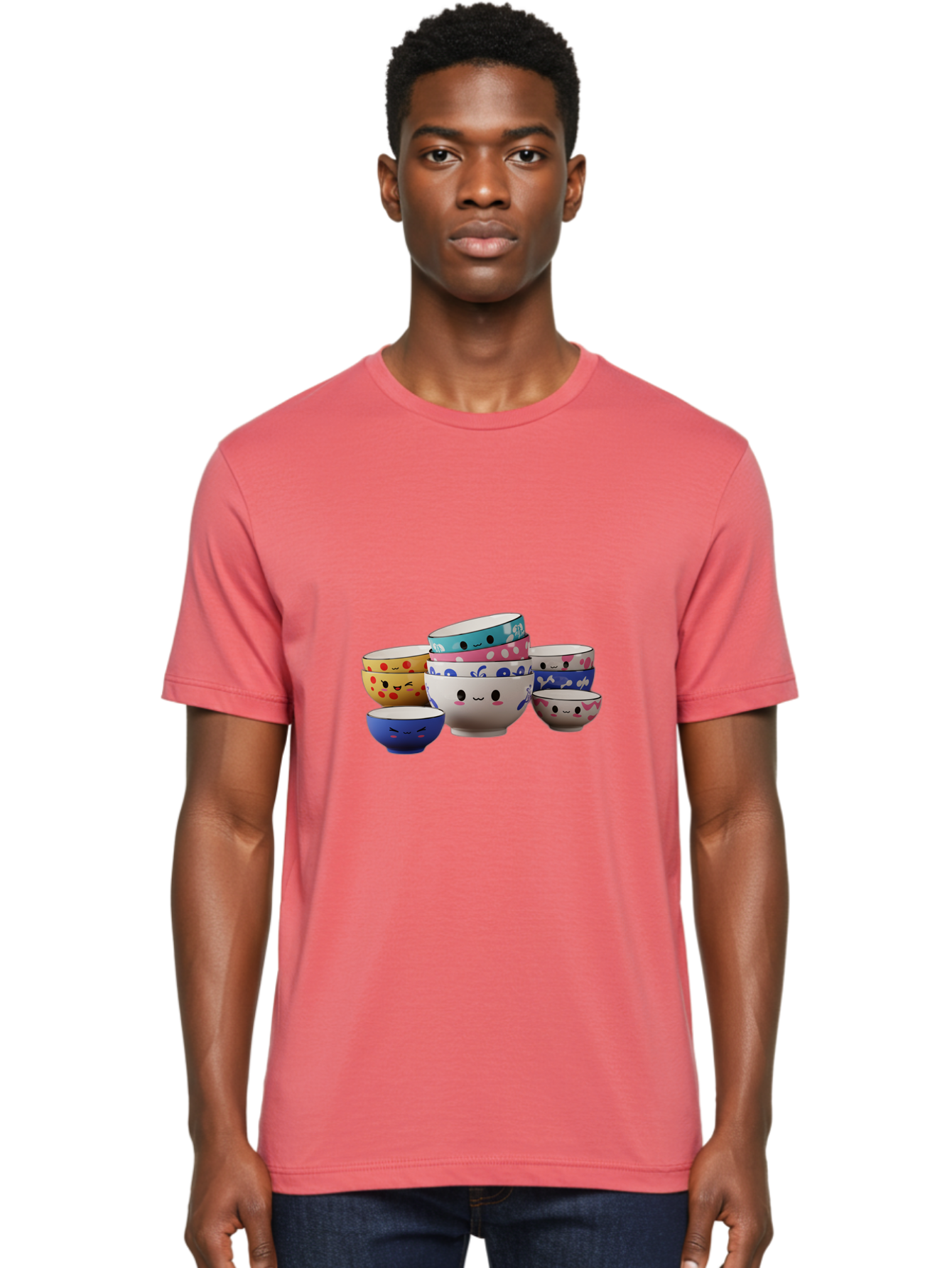 Cereal-Bowls Men'S Graphic Tee, 100% Cotton, Comfortable Casual Summer Wear, Machine Washable, Stacked Ceramic Bowls, Colorful Designs, Fun Patterns, Emotive Faces, Playful Tableware, Kawaii Style, Adorable Kitchenware, Vibrant Colors, Baa281