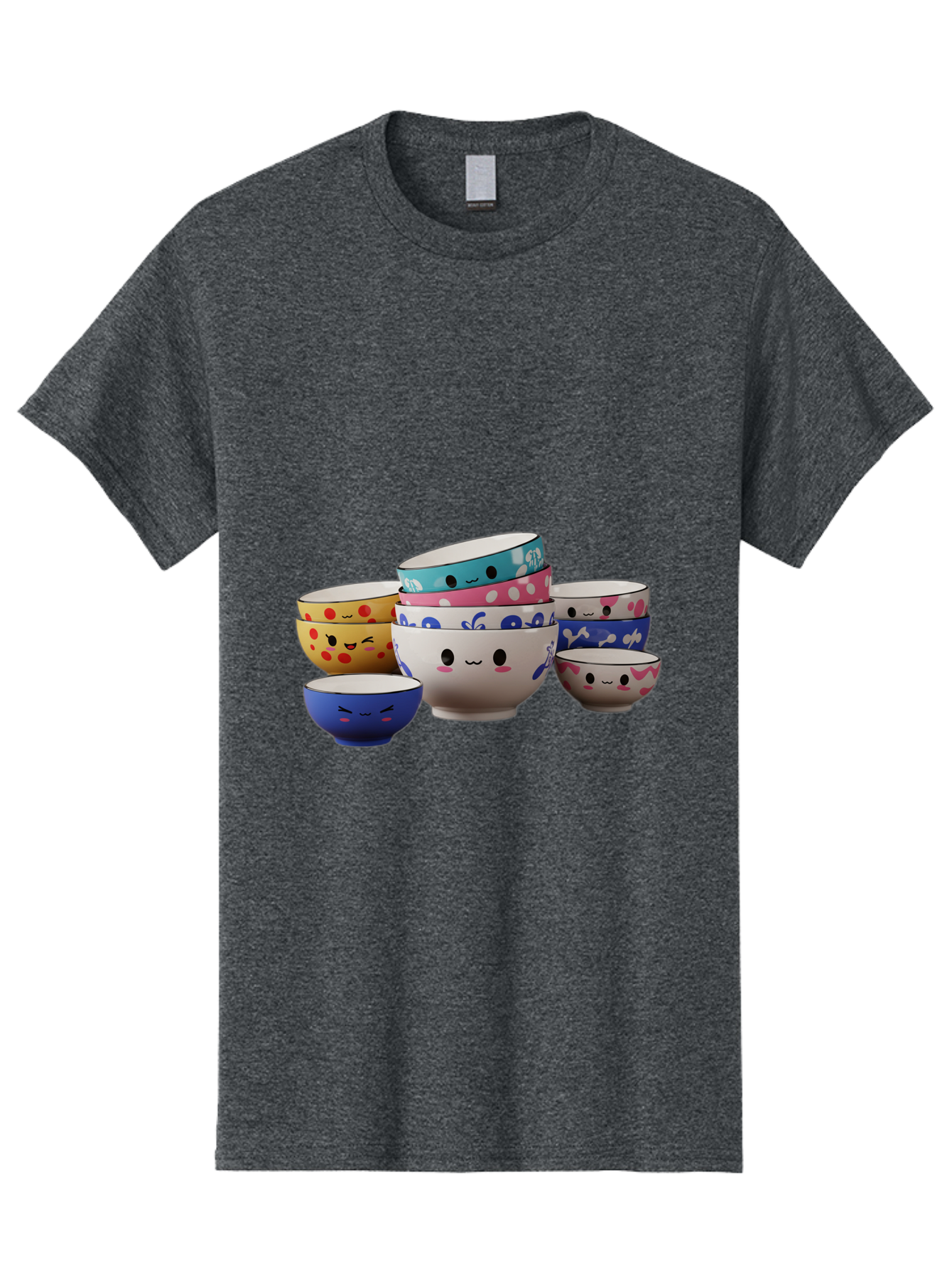 Cereal-Bowls Men'S Graphic Tee, 100% Cotton, Comfortable Casual Summer Wear, Machine Washable, Stacked Ceramic Bowls, Colorful Designs, Fun Patterns, Emotive Faces, Playful Tableware, Kawaii Style, Adorable Kitchenware, Vibrant Colors, Baa281