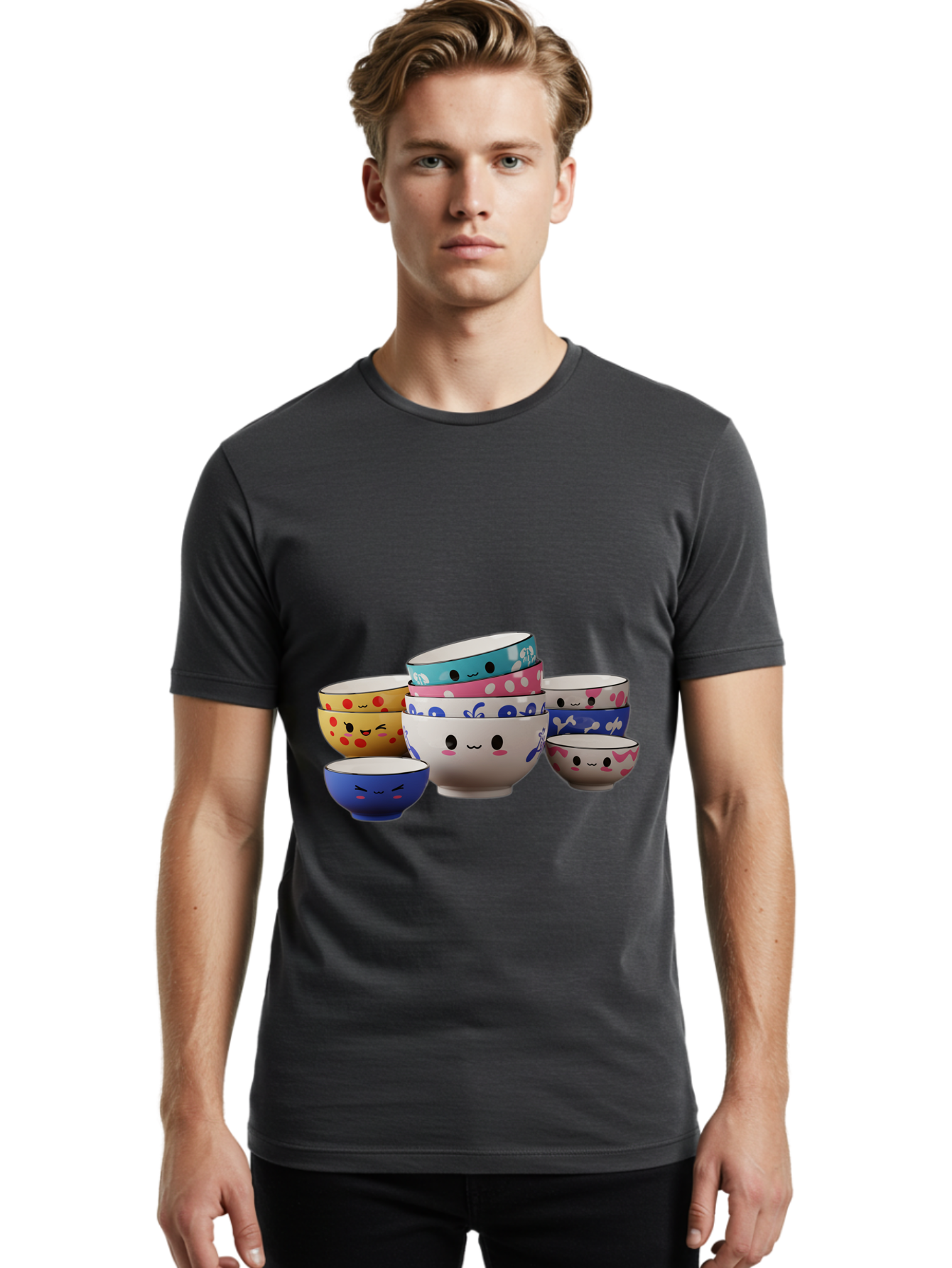 Cereal-Bowls Men'S Graphic Tee, 100% Cotton, Comfortable Casual Summer Wear, Machine Washable, Stacked Ceramic Bowls, Colorful Designs, Fun Patterns, Emotive Faces, Playful Tableware, Kawaii Style, Adorable Kitchenware, Vibrant Colors, Baa281