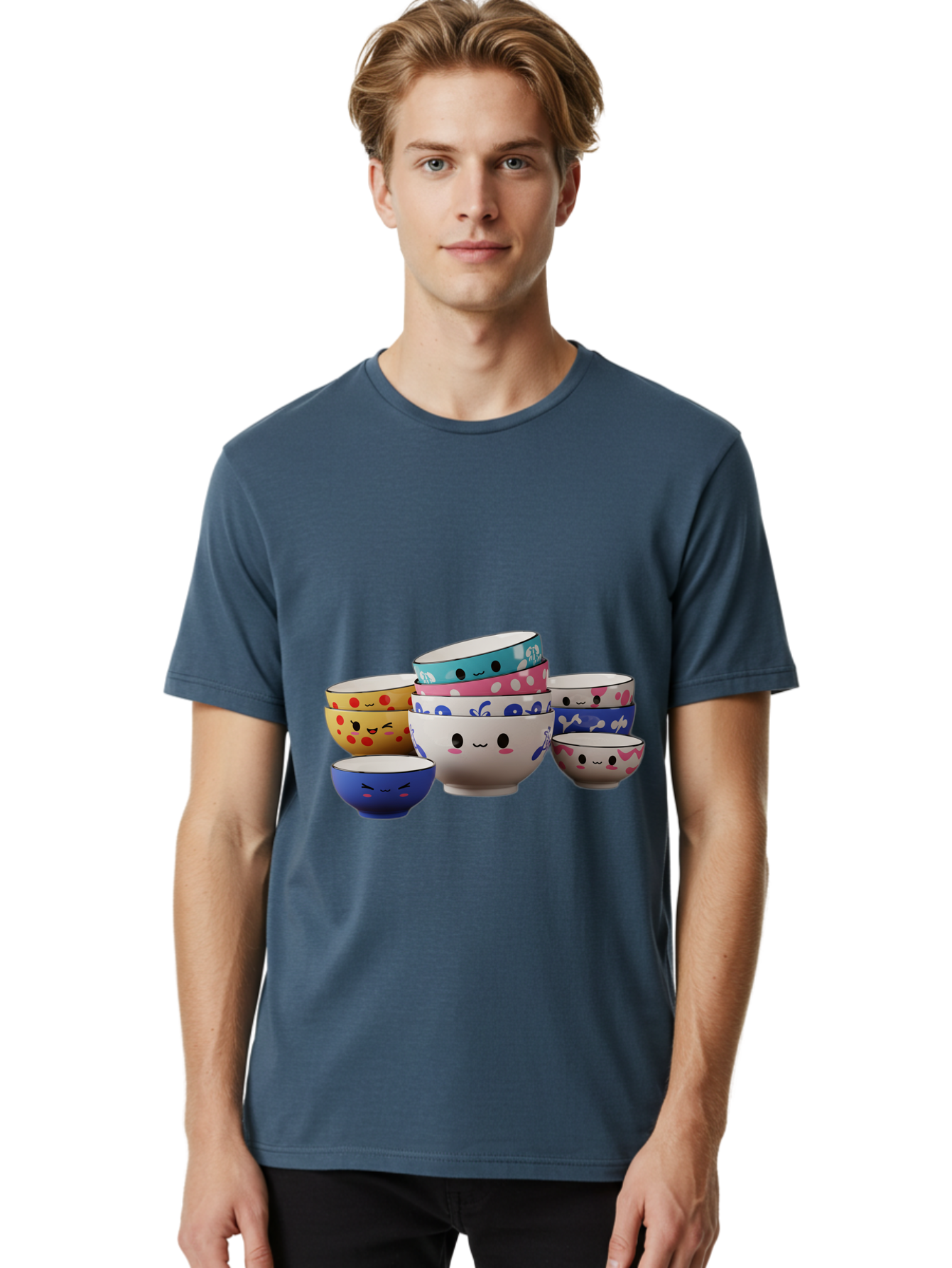 Cereal-Bowls Men'S Graphic Tee, 100% Cotton, Comfortable Casual Summer Wear, Machine Washable, Stacked Ceramic Bowls, Colorful Designs, Fun Patterns, Emotive Faces, Playful Tableware, Kawaii Style, Adorable Kitchenware, Vibrant Colors, Baa281