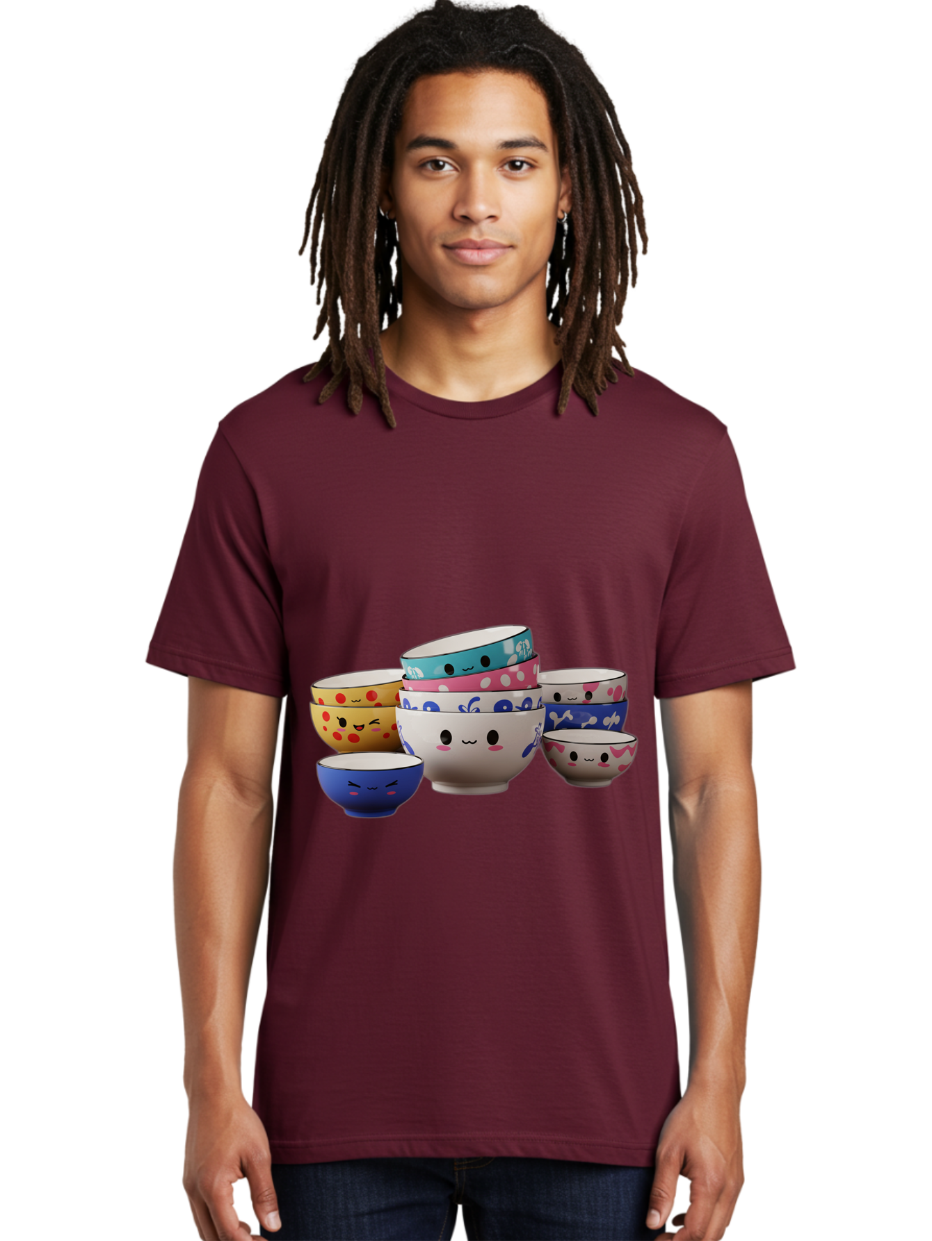 Cereal-Bowls Men'S Graphic Tee, 100% Cotton, Comfortable Casual Summer Wear, Machine Washable, Stacked Ceramic Bowls, Colorful Designs, Fun Patterns, Emotive Faces, Playful Tableware, Kawaii Style, Adorable Kitchenware, Vibrant Colors, Baa281