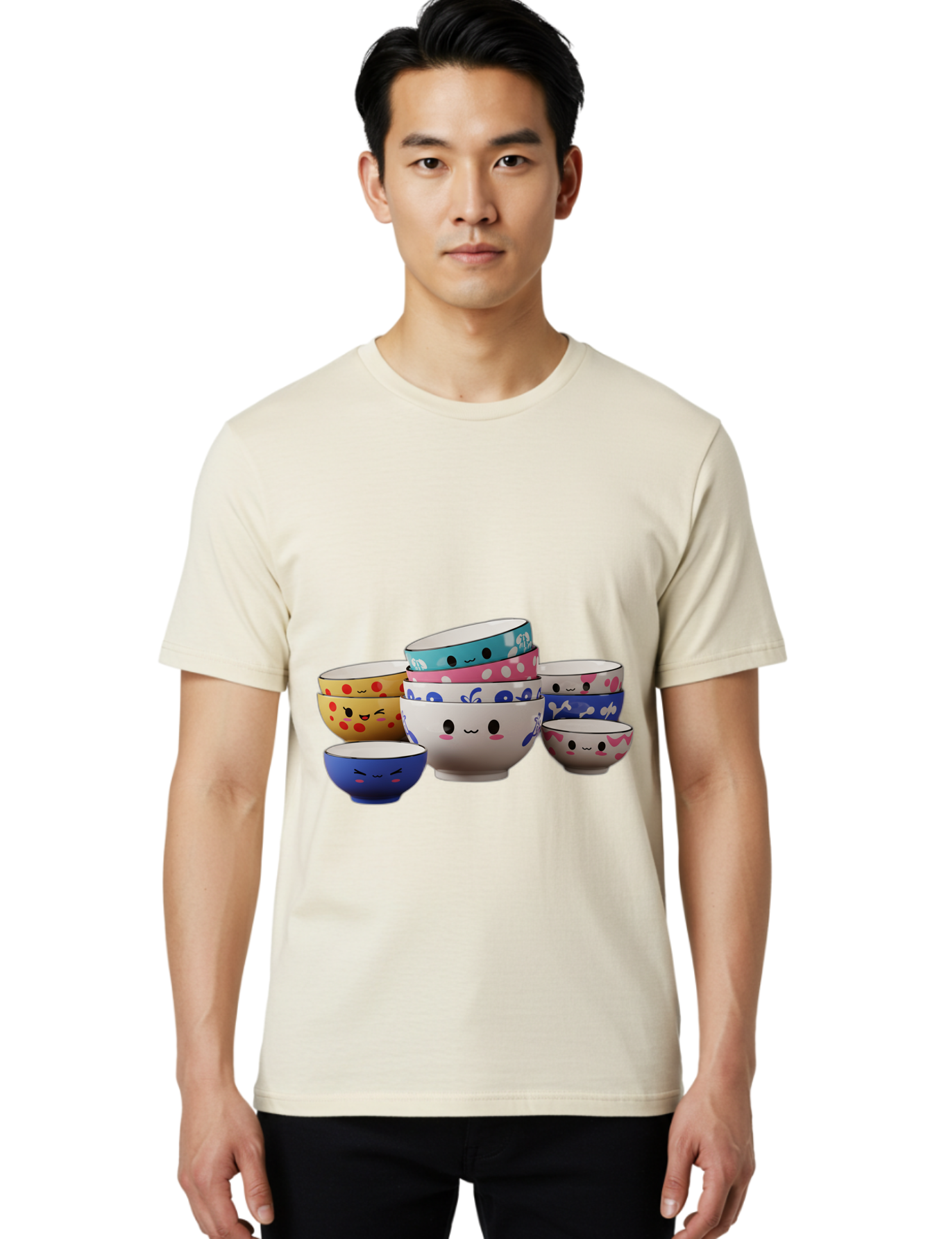 Cereal-Bowls Men'S Graphic Tee, 100% Cotton, Comfortable Casual Summer Wear, Machine Washable, Stacked Ceramic Bowls, Colorful Designs, Fun Patterns, Emotive Faces, Playful Tableware, Kawaii Style, Adorable Kitchenware, Vibrant Colors, Baa281