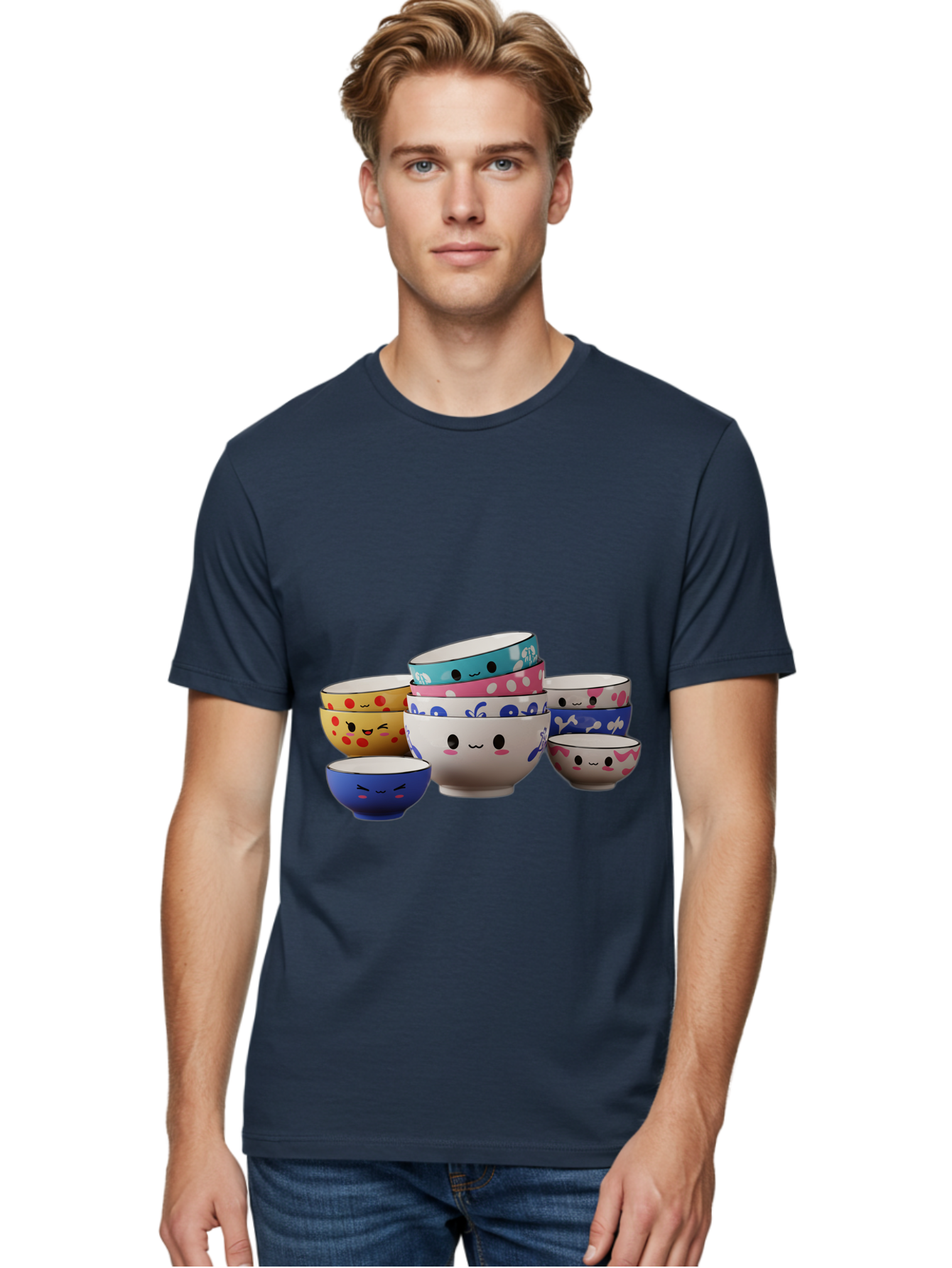 Cereal-Bowls Men'S Graphic Tee, 100% Cotton, Comfortable Casual Summer Wear, Machine Washable, Stacked Ceramic Bowls, Colorful Designs, Fun Patterns, Emotive Faces, Playful Tableware, Kawaii Style, Adorable Kitchenware, Vibrant Colors, Baa281