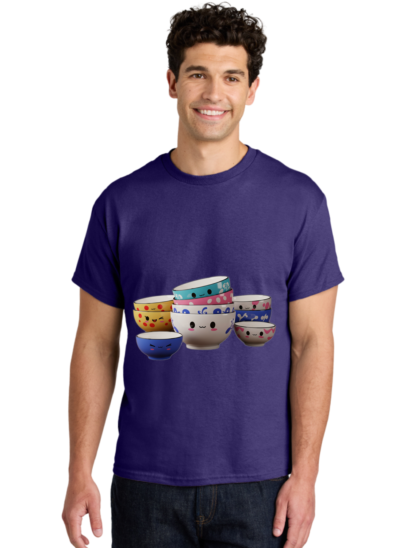 Cereal-Bowls Men'S Graphic Tee, 100% Cotton, Comfortable Casual Summer Wear, Machine Washable, Stacked Ceramic Bowls, Colorful Designs, Fun Patterns, Emotive Faces, Playful Tableware, Kawaii Style, Adorable Kitchenware, Vibrant Colors, Baa281