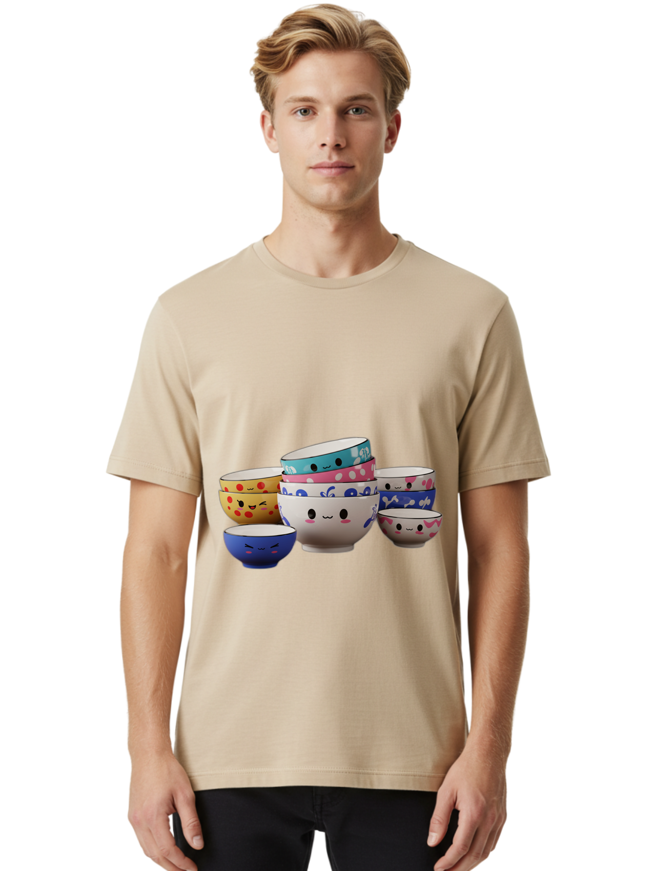 Cereal-Bowls Men'S Graphic Tee, 100% Cotton, Comfortable Casual Summer Wear, Machine Washable, Stacked Ceramic Bowls, Colorful Designs, Fun Patterns, Emotive Faces, Playful Tableware, Kawaii Style, Adorable Kitchenware, Vibrant Colors, Baa281