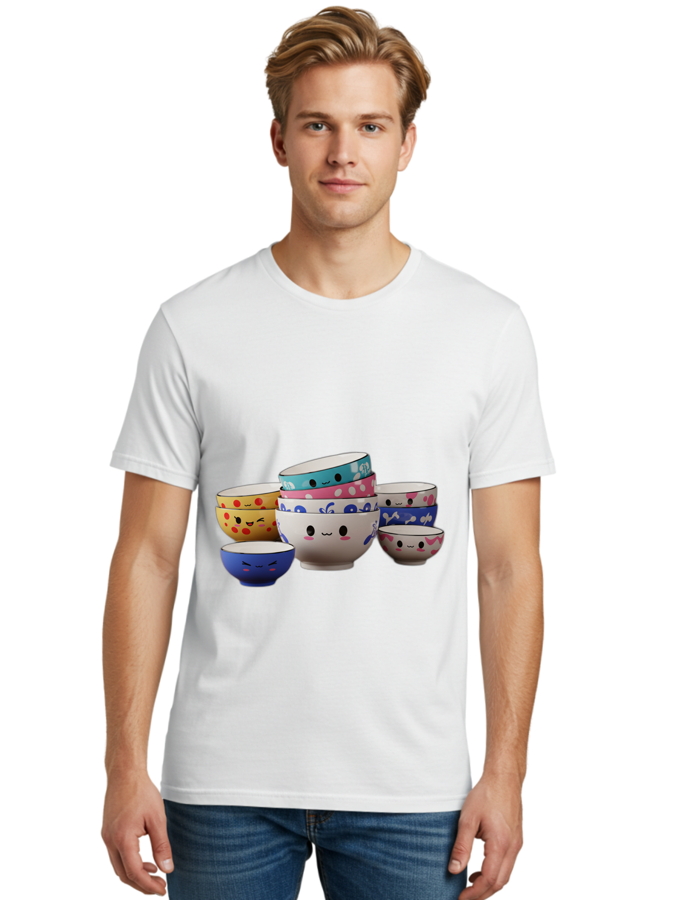 Cereal-Bowls Men'S Graphic Tee, 100% Cotton, Comfortable Casual Summer Wear, Machine Washable, Stacked Ceramic Bowls, Colorful Designs, Fun Patterns, Emotive Faces, Playful Tableware, Kawaii Style, Adorable Kitchenware, Vibrant Colors, Baa281