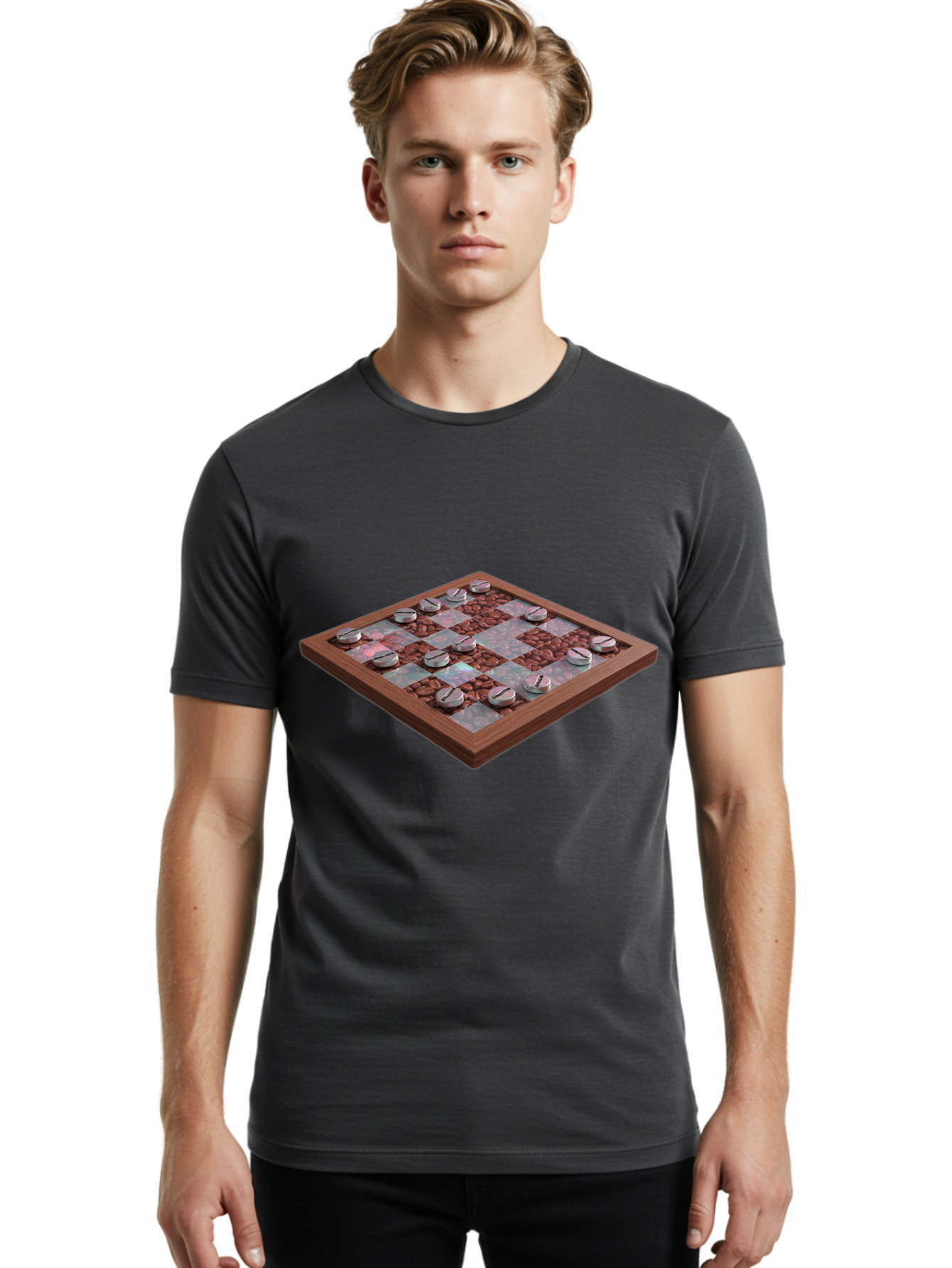 Checkerboard Men'S Graphic Tee, 100% Cotton, Comfortable Casual Summer Wear, Machine Washable, Checkers Game Board, Wooden Checkersboard, Strategy Game, Brown And Gray Checkerboard Pattern, Checkers Pieces, Game Night, Board Game, Baa282
