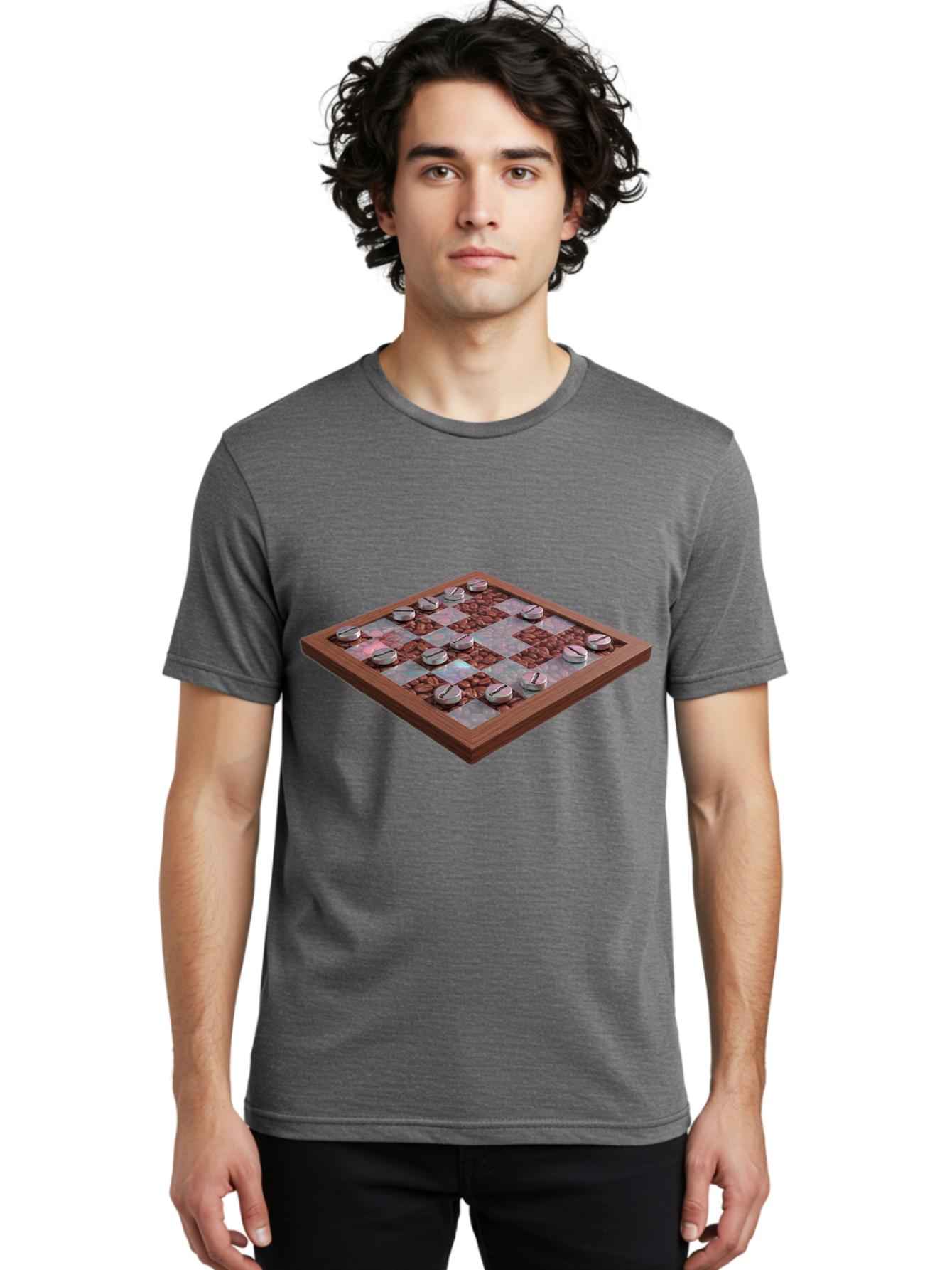 Checkerboard Men'S Graphic Tee, 100% Cotton, Comfortable Casual Summer Wear, Machine Washable, Checkers Game Board, Wooden Checkersboard, Strategy Game, Brown And Gray Checkerboard Pattern, Checkers Pieces, Game Night, Board Game, Baa282