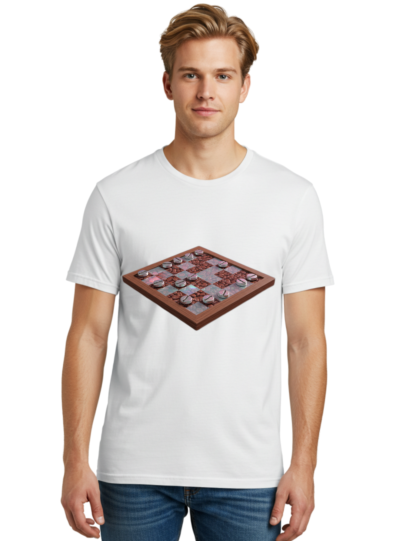 Checkerboard Men'S Graphic Tee, 100% Cotton, Comfortable Casual Summer Wear, Machine Washable, Checkers Game Board, Wooden Checkersboard, Strategy Game, Brown And Gray Checkerboard Pattern, Checkers Pieces, Game Night, Board Game, Baa282