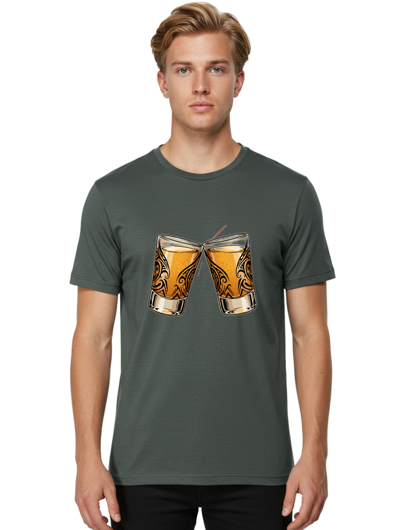Cheers-2 Men'S Graphic Tee, 100% Cotton, Comfortable Casual Summer Wear, Machine Washable, Shot Glasses, Whiskey Glasses, Toasted Drinks, Cheers Moment, Social Gathering, Friendship Toast, Ornate Design, Glassware, Beverage, Celebratory Drink Baa284