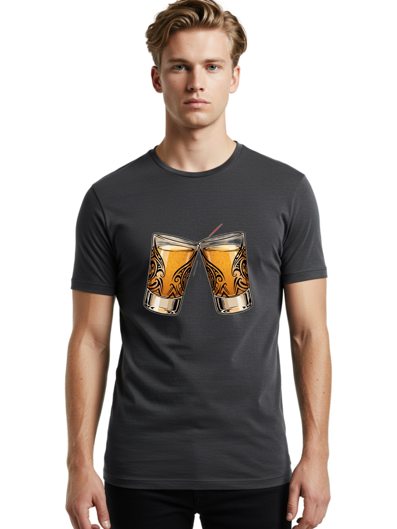 Cheers-2 Men'S Graphic Tee, 100% Cotton, Comfortable Casual Summer Wear, Machine Washable, Shot Glasses, Whiskey Glasses, Toasted Drinks, Cheers Moment, Social Gathering, Friendship Toast, Ornate Design, Glassware, Beverage, Celebratory Drink Baa284