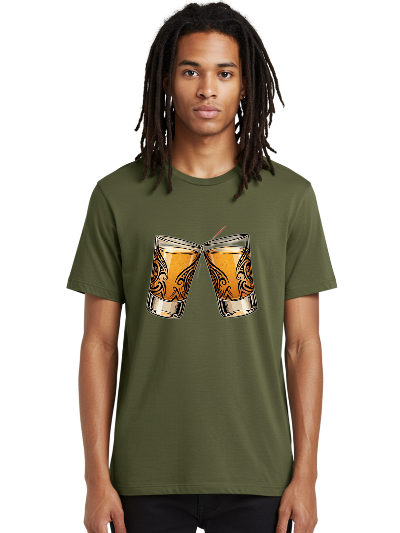 Cheers-2 Men'S Graphic Tee, 100% Cotton, Comfortable Casual Summer Wear, Machine Washable, Shot Glasses, Whiskey Glasses, Toasted Drinks, Cheers Moment, Social Gathering, Friendship Toast, Ornate Design, Glassware, Beverage, Celebratory Drink Baa284