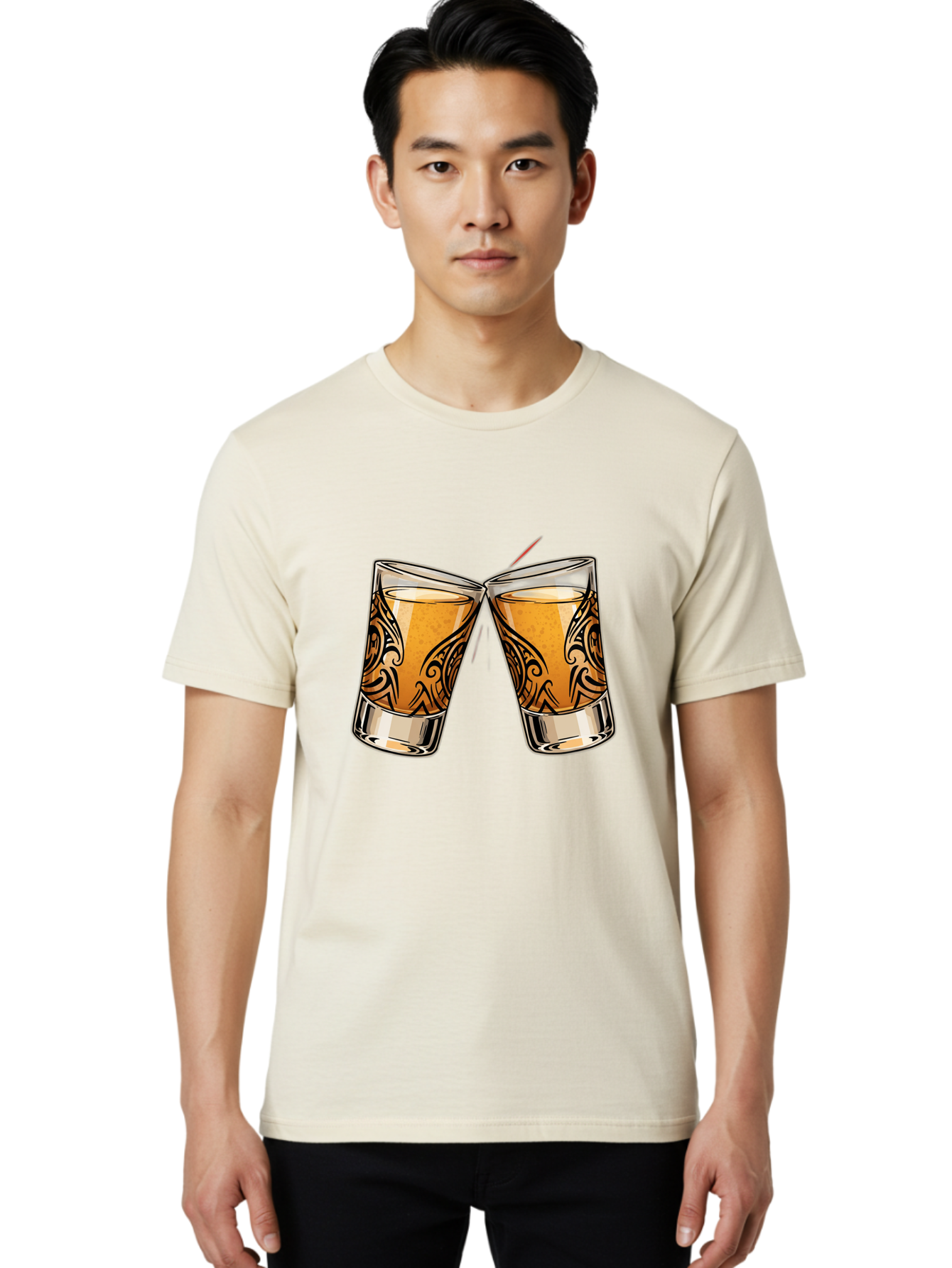 Cheers-2 Men'S Graphic Tee, 100% Cotton, Comfortable Casual Summer Wear, Machine Washable, Shot Glasses, Whiskey Glasses, Toasted Drinks, Cheers Moment, Social Gathering, Friendship Toast, Ornate Design, Glassware, Beverage, Celebratory Drink Baa284