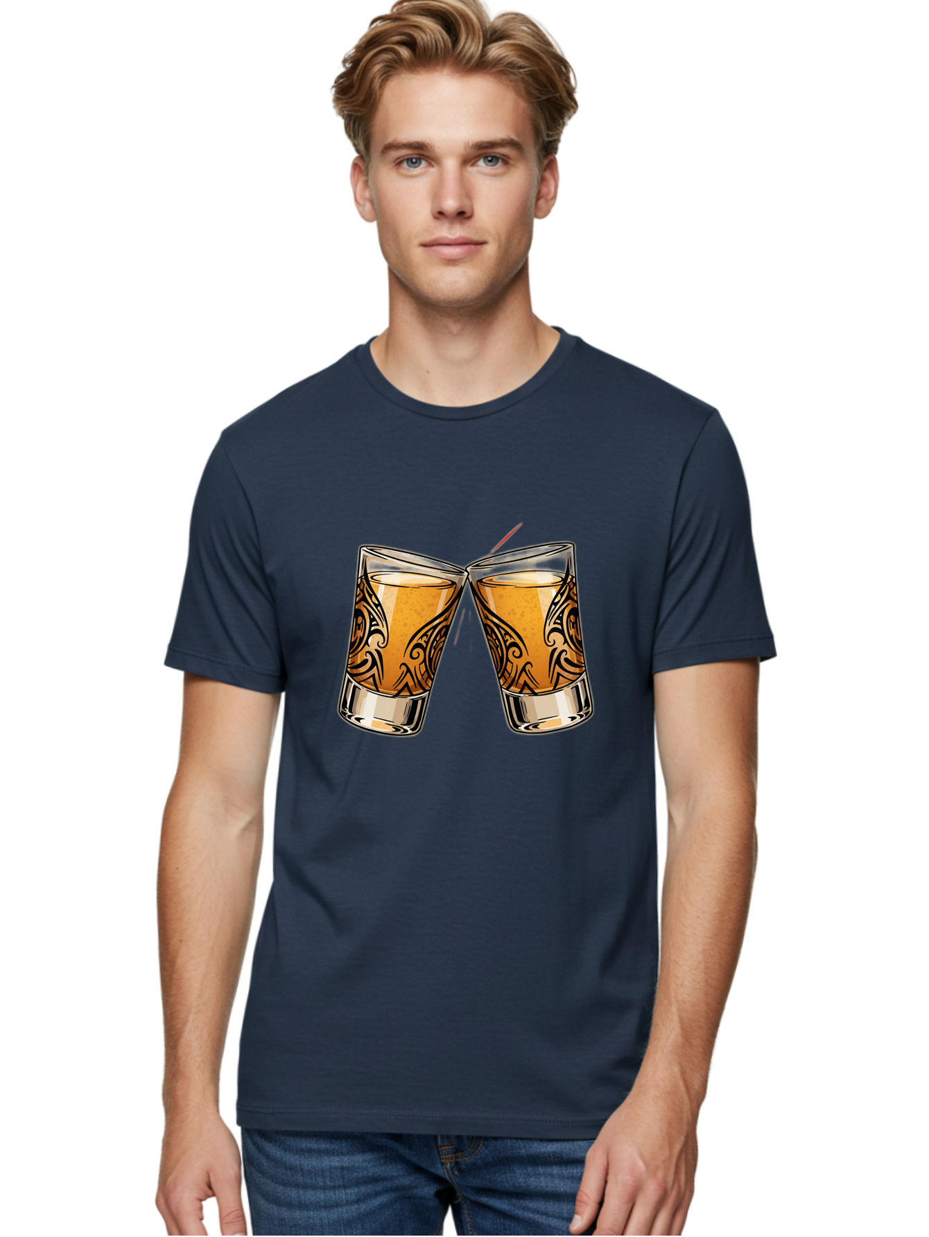 Cheers-2 Men'S Graphic Tee, 100% Cotton, Comfortable Casual Summer Wear, Machine Washable, Shot Glasses, Whiskey Glasses, Toasted Drinks, Cheers Moment, Social Gathering, Friendship Toast, Ornate Design, Glassware, Beverage, Celebratory Drink Baa284