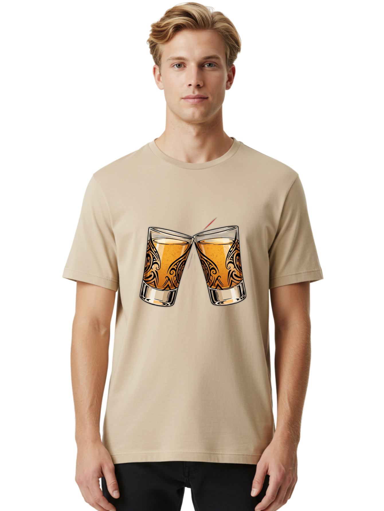 Cheers-2 Men'S Graphic Tee, 100% Cotton, Comfortable Casual Summer Wear, Machine Washable, Shot Glasses, Whiskey Glasses, Toasted Drinks, Cheers Moment, Social Gathering, Friendship Toast, Ornate Design, Glassware, Beverage, Celebratory Drink Baa284