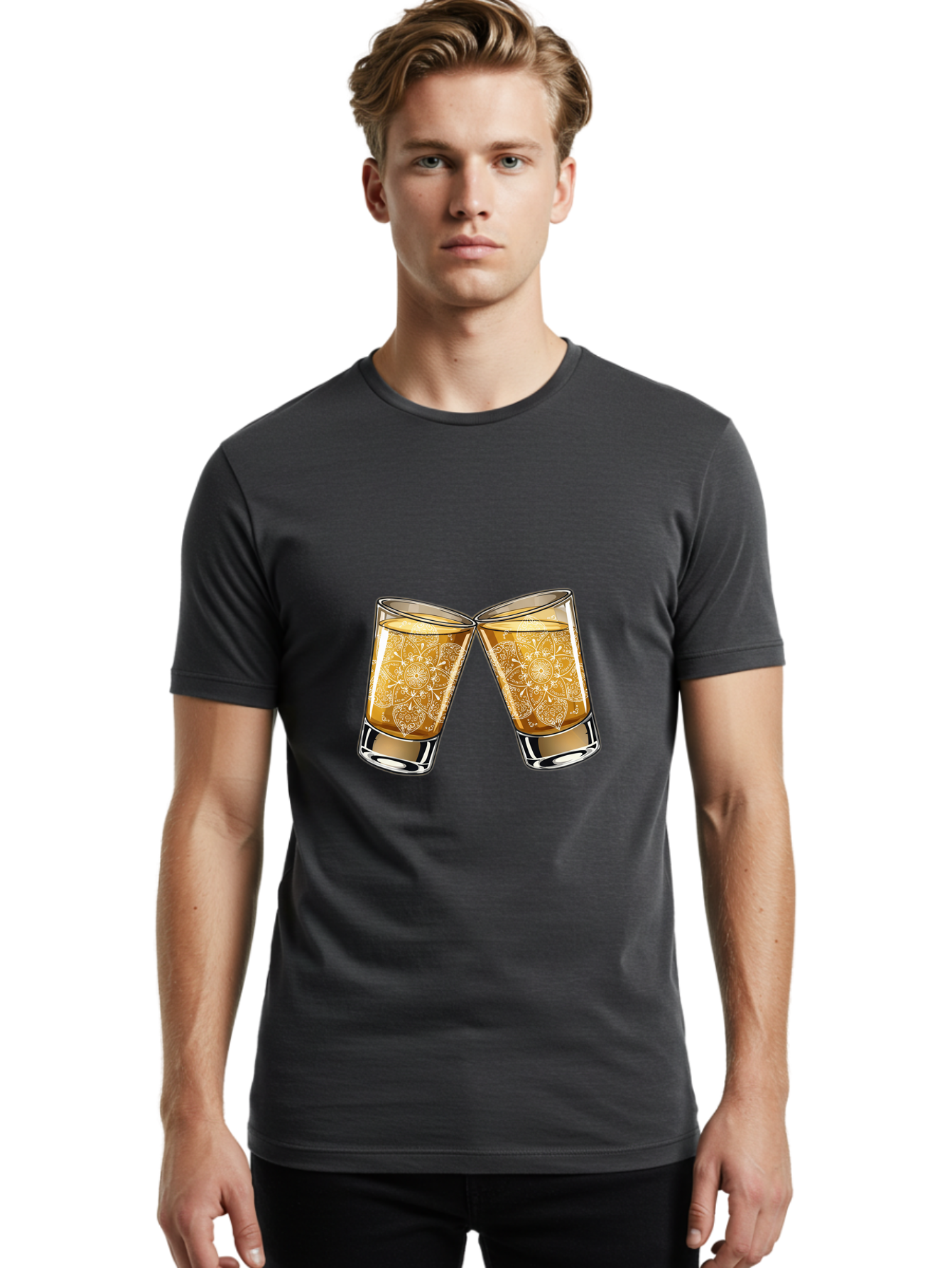Cheers-4 Men'S Graphic Tee, 100% Cotton, Comfortable Casual Summer Wear, Machine Washable, Whiskey Glasses, Shot Glasses, Cheers Toast, Celebration Drink, Spirits, Luxury Glassware, Ornate Design, Festive Atmosphere, Party, Drink Together Baa286