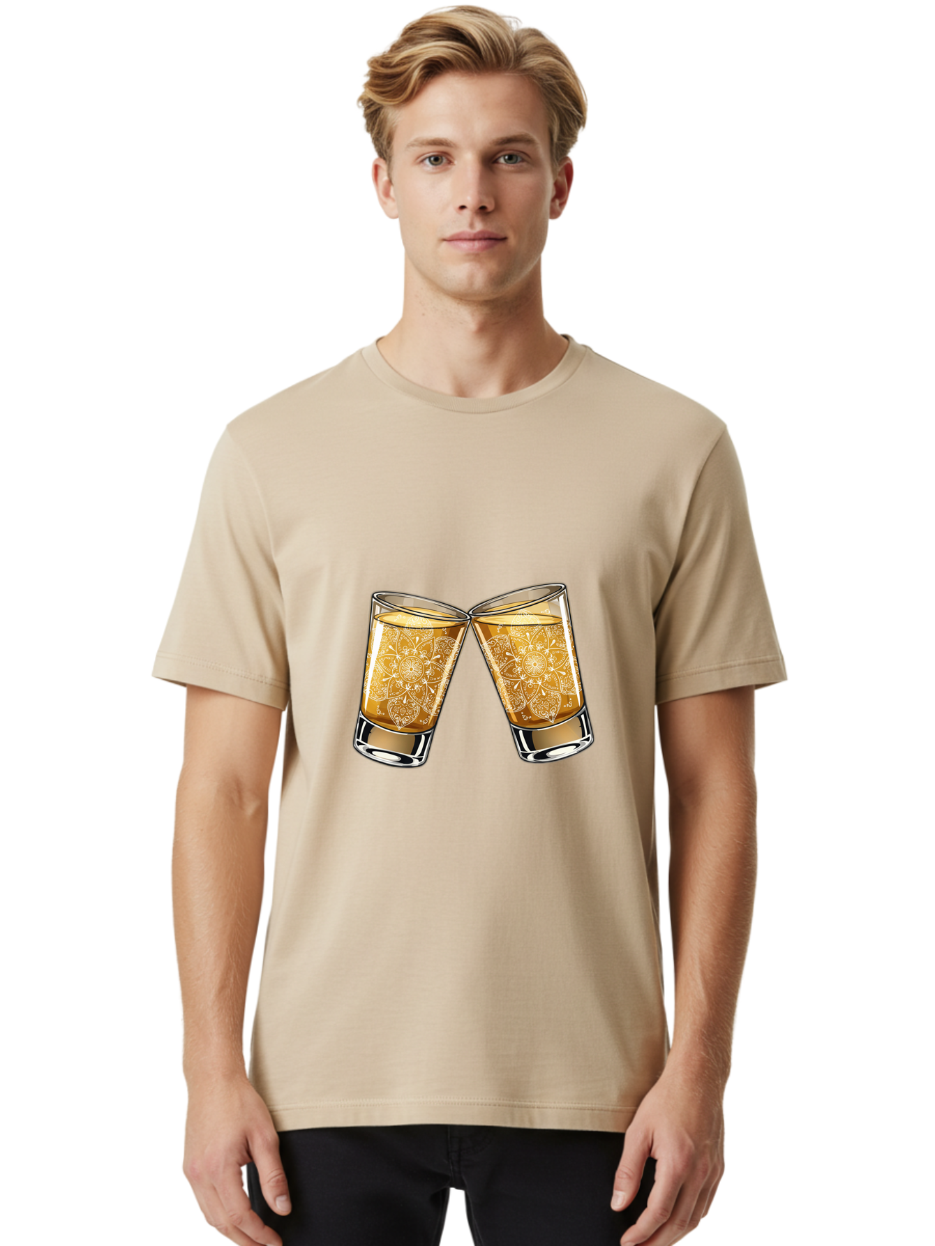 Cheers-4 Men'S Graphic Tee, 100% Cotton, Comfortable Casual Summer Wear, Machine Washable, Whiskey Glasses, Shot Glasses, Cheers Toast, Celebration Drink, Spirits, Luxury Glassware, Ornate Design, Festive Atmosphere, Party, Drink Together Baa286