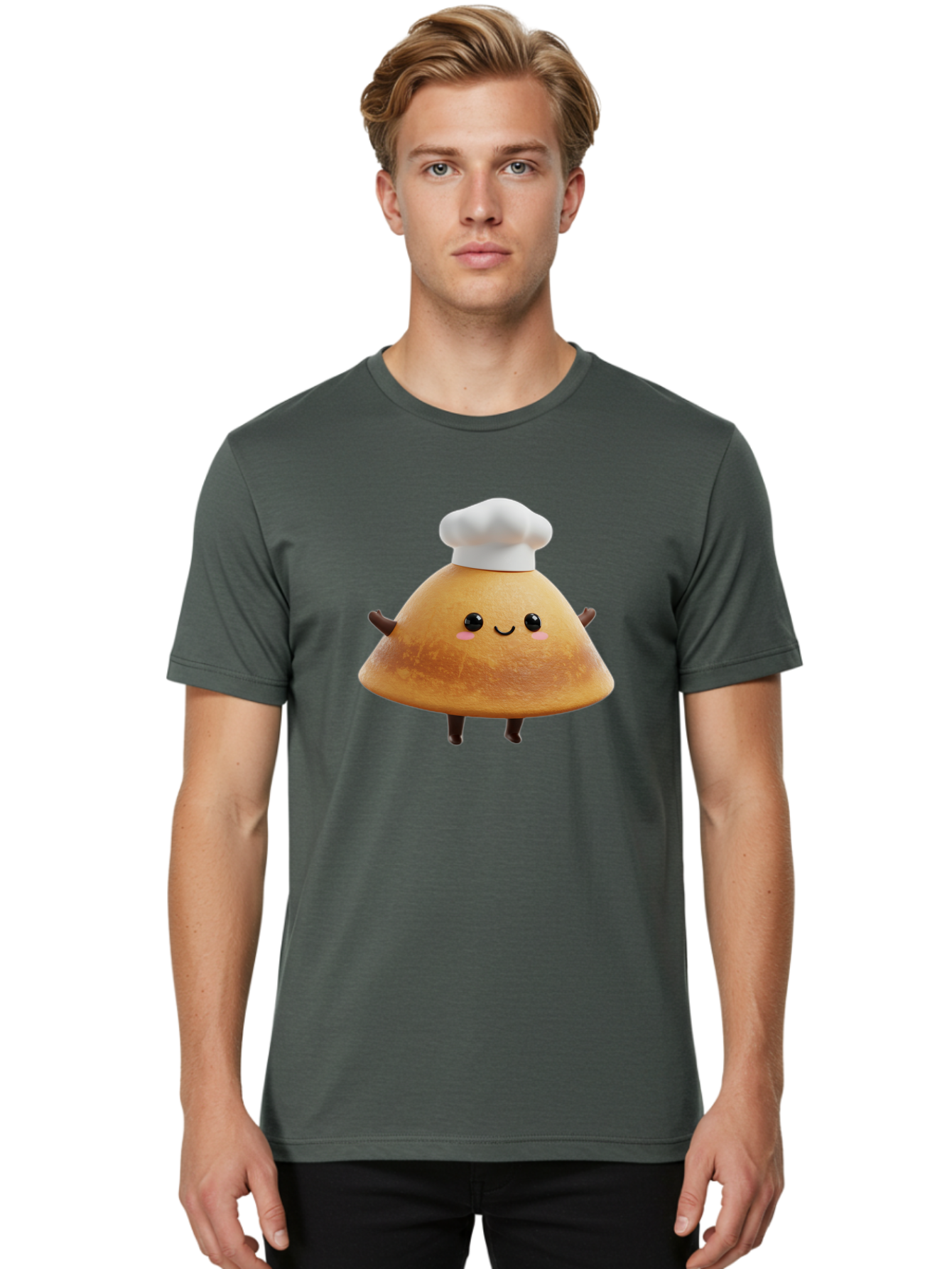 Chef-Hat-Mushroom Men'S Graphic Tee, 100% Cotton, Comfortable Casual Summer Wear, Machine Washable, Croissant Character, Chef Hat, Happy Face, Pink Blush, Smiling Mouth, Cute Pastry, Bakery Illustration, Cartoon Food, Animated Treat, Baa290