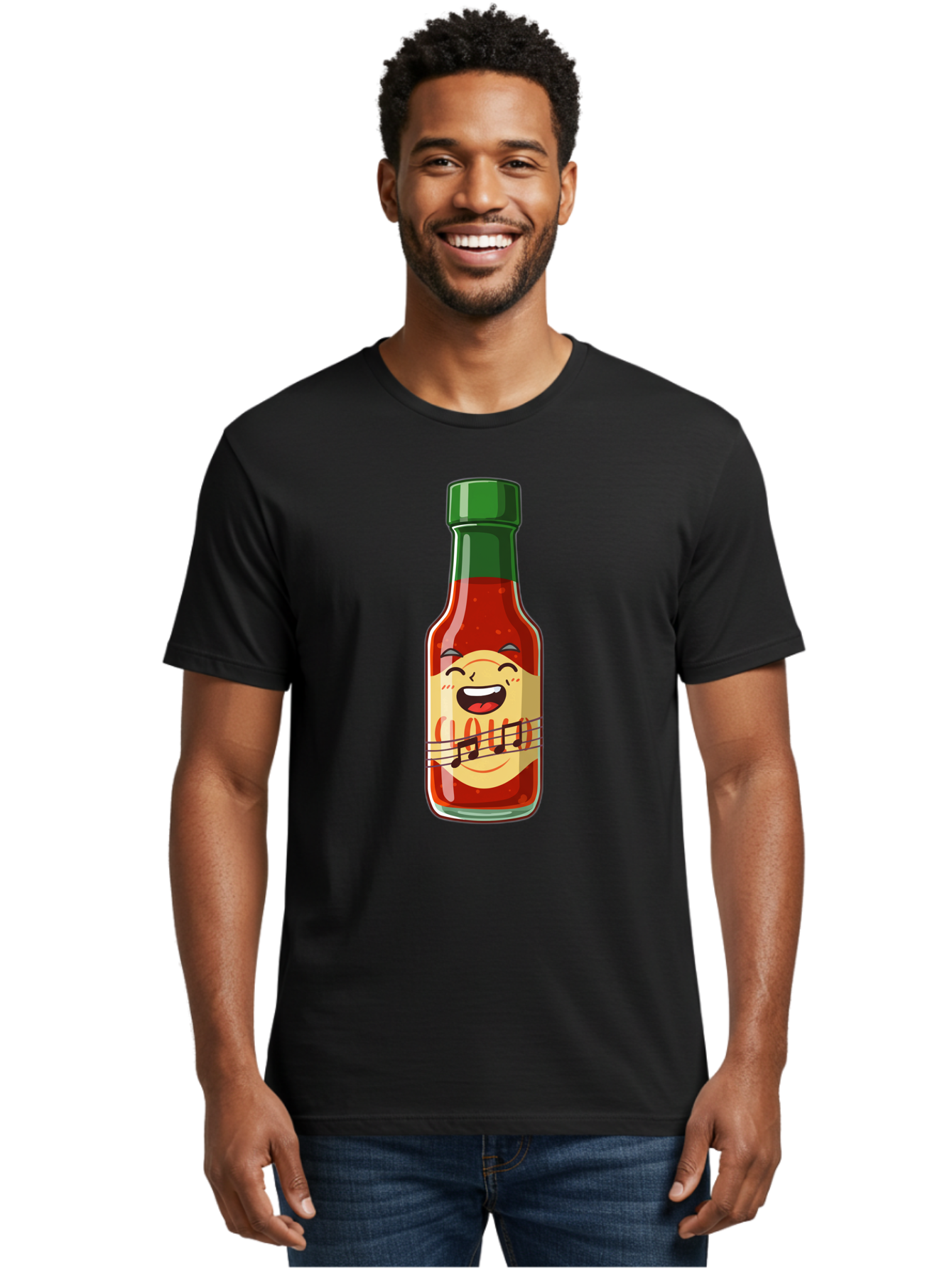 Chili-Sauce-Bottle Men'S Graphic Tee, 100% Cotton, Comfortable Casual Summer Wear, Machine Washable, Hot Sauce Bottle, Spicy Condiment, Cartoon Character, Laughing Face, Tabasco Sauce, Flavorful Food, Hot Pepper Sauce, Culinary Delight Baa292