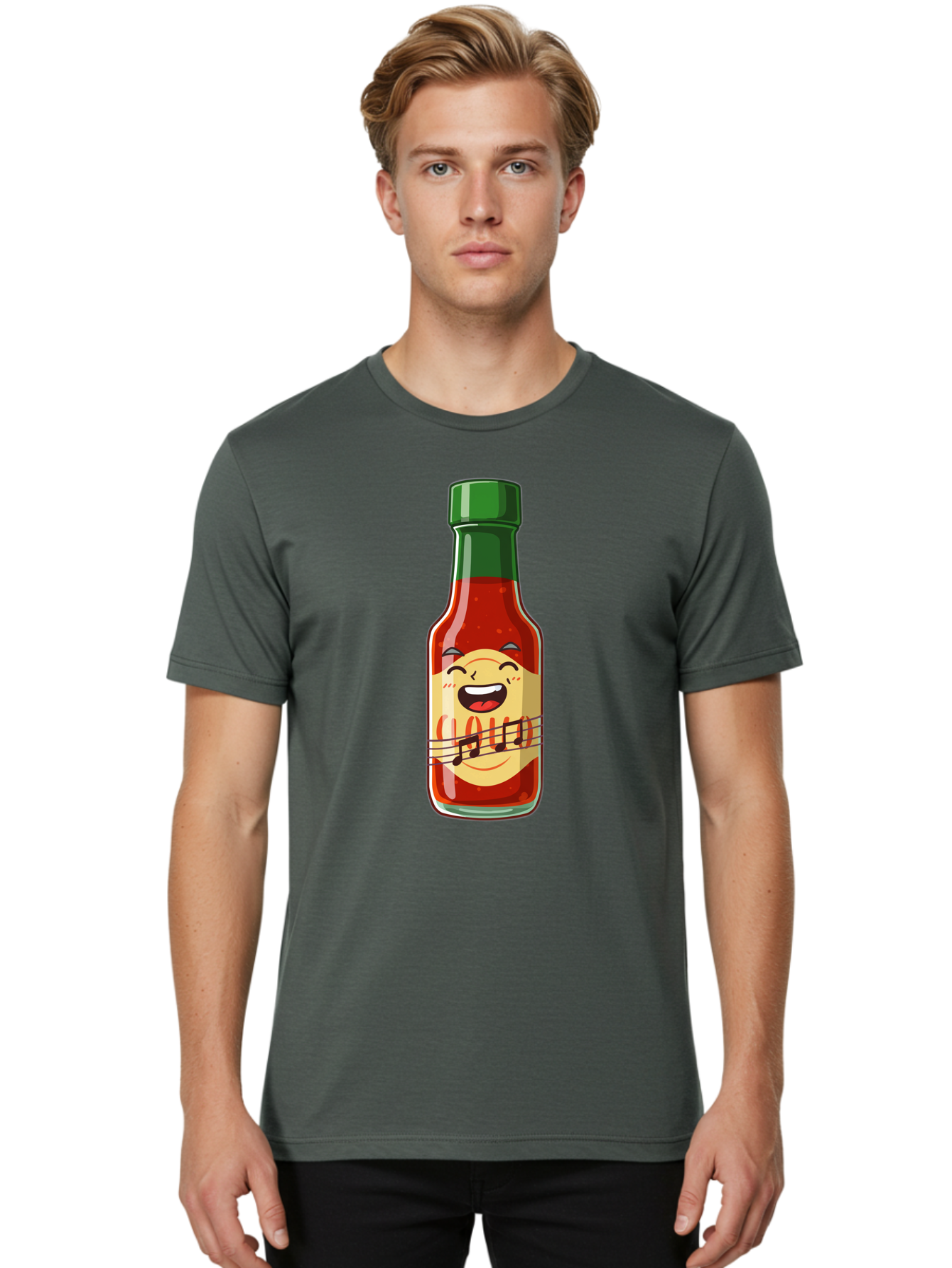 Chili-Sauce-Bottle Men'S Graphic Tee, 100% Cotton, Comfortable Casual Summer Wear, Machine Washable, Hot Sauce Bottle, Spicy Condiment, Cartoon Character, Laughing Face, Tabasco Sauce, Flavorful Food, Hot Pepper Sauce, Culinary Delight Baa292