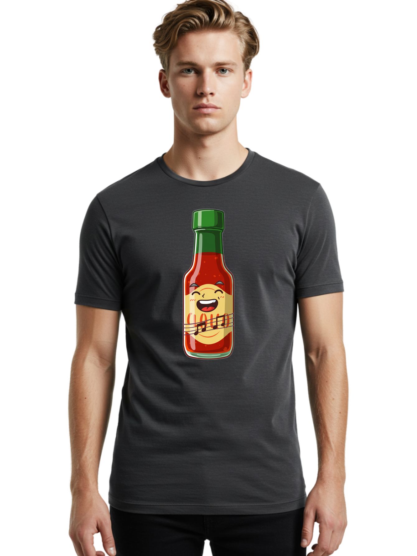 Chili-Sauce-Bottle Men'S Graphic Tee, 100% Cotton, Comfortable Casual Summer Wear, Machine Washable, Hot Sauce Bottle, Spicy Condiment, Cartoon Character, Laughing Face, Tabasco Sauce, Flavorful Food, Hot Pepper Sauce, Culinary Delight Baa292