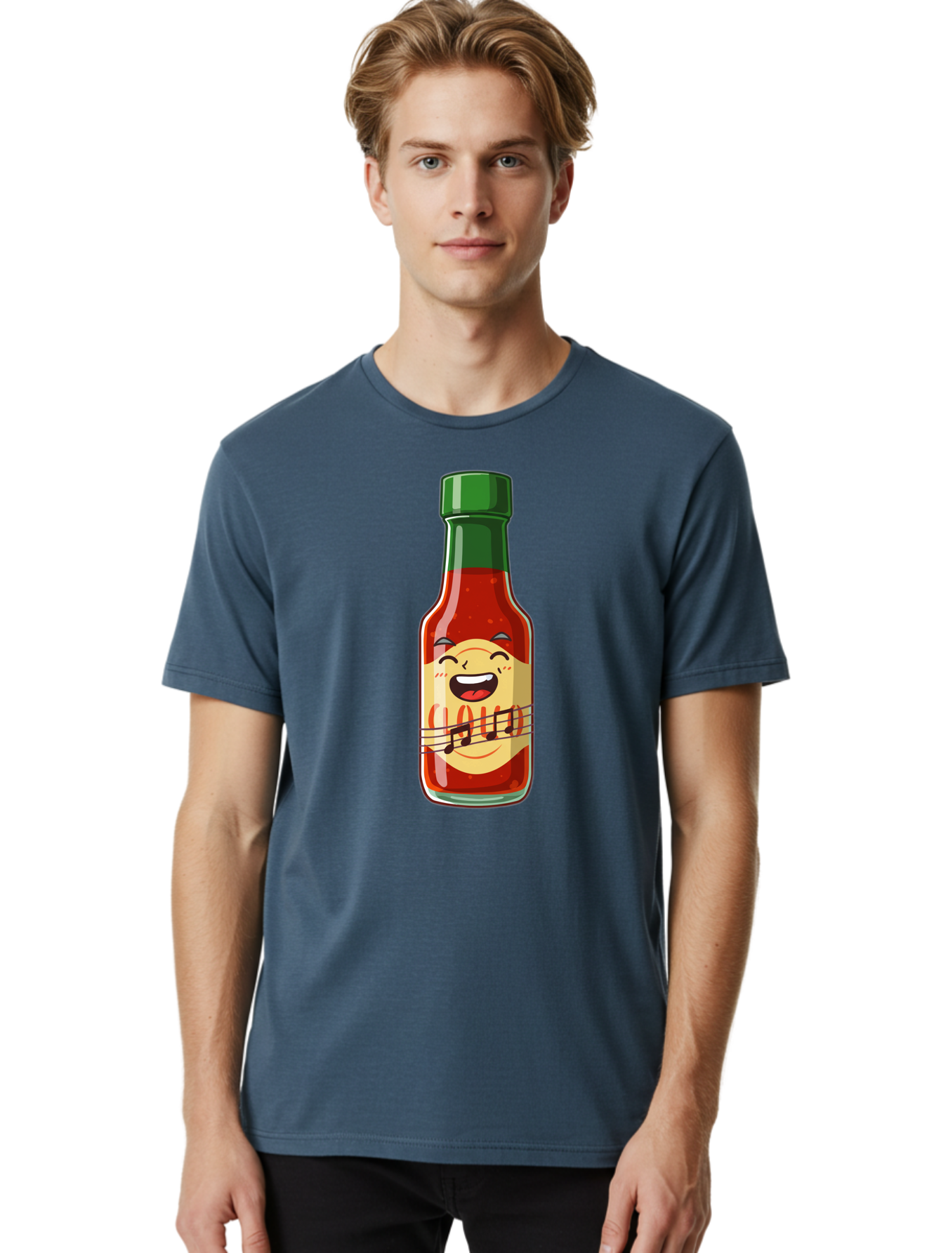 Chili-Sauce-Bottle Men'S Graphic Tee, 100% Cotton, Comfortable Casual Summer Wear, Machine Washable, Hot Sauce Bottle, Spicy Condiment, Cartoon Character, Laughing Face, Tabasco Sauce, Flavorful Food, Hot Pepper Sauce, Culinary Delight Baa292
