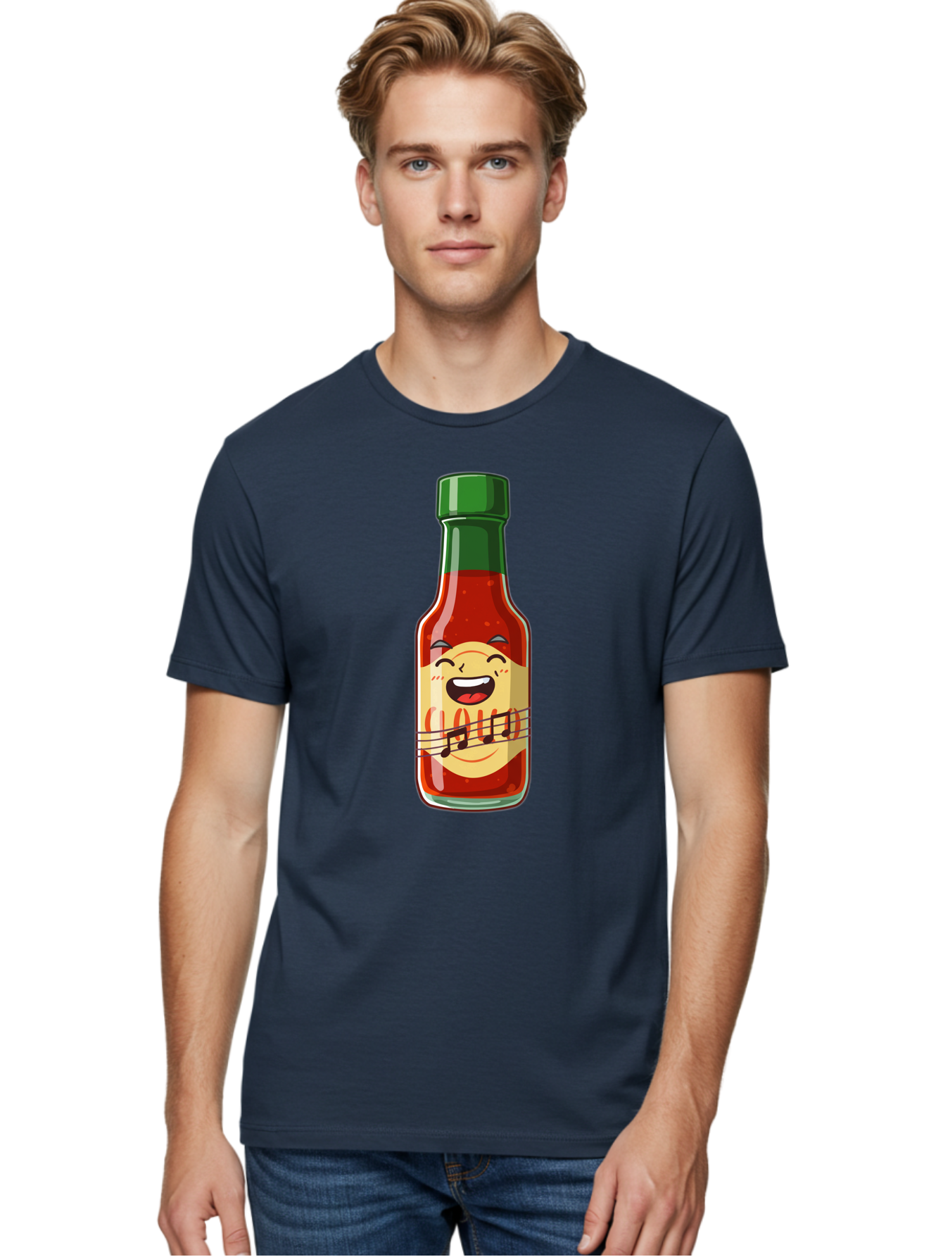 Chili-Sauce-Bottle Men'S Graphic Tee, 100% Cotton, Comfortable Casual Summer Wear, Machine Washable, Hot Sauce Bottle, Spicy Condiment, Cartoon Character, Laughing Face, Tabasco Sauce, Flavorful Food, Hot Pepper Sauce, Culinary Delight Baa292