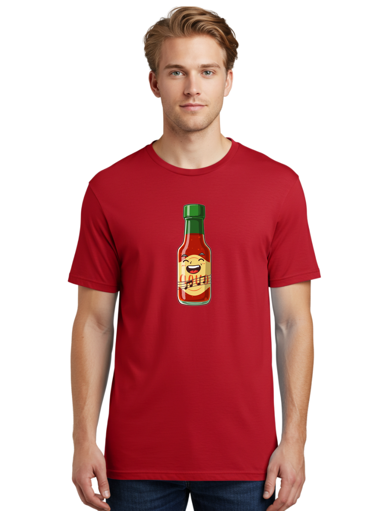 Chili-Sauce-Bottle Men'S Graphic Tee, 100% Cotton, Comfortable Casual Summer Wear, Machine Washable, Hot Sauce Bottle, Spicy Condiment, Cartoon Character, Laughing Face, Tabasco Sauce, Flavorful Food, Hot Pepper Sauce, Culinary Delight Baa292