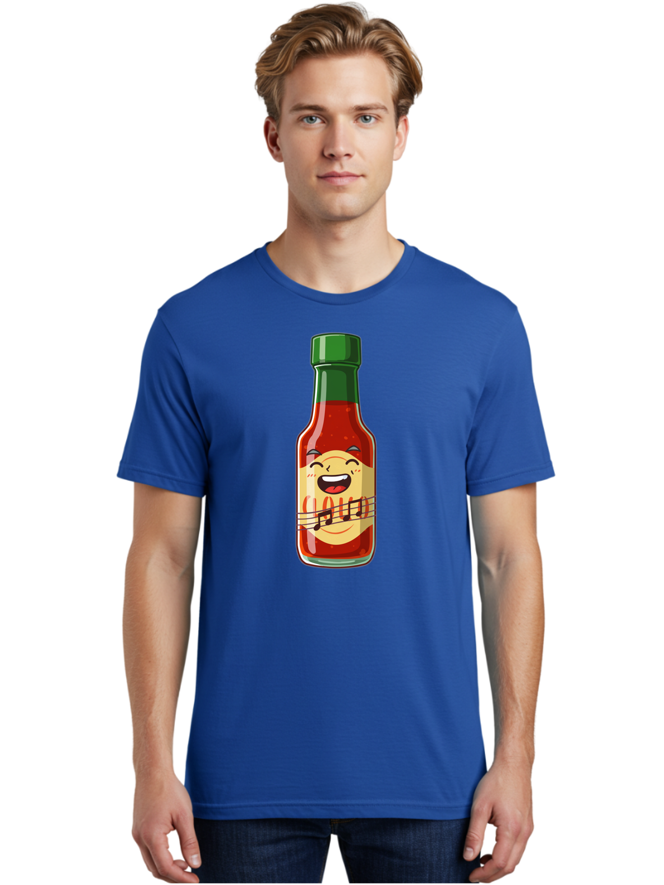 Chili-Sauce-Bottle Men'S Graphic Tee, 100% Cotton, Comfortable Casual Summer Wear, Machine Washable, Hot Sauce Bottle, Spicy Condiment, Cartoon Character, Laughing Face, Tabasco Sauce, Flavorful Food, Hot Pepper Sauce, Culinary Delight Baa292
