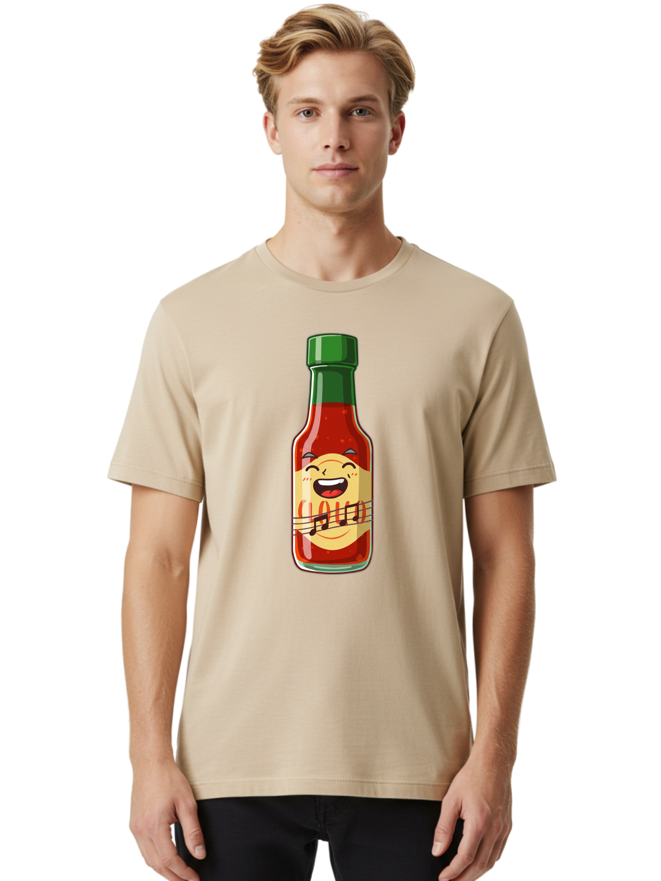Chili-Sauce-Bottle Men'S Graphic Tee, 100% Cotton, Comfortable Casual Summer Wear, Machine Washable, Hot Sauce Bottle, Spicy Condiment, Cartoon Character, Laughing Face, Tabasco Sauce, Flavorful Food, Hot Pepper Sauce, Culinary Delight Baa292
