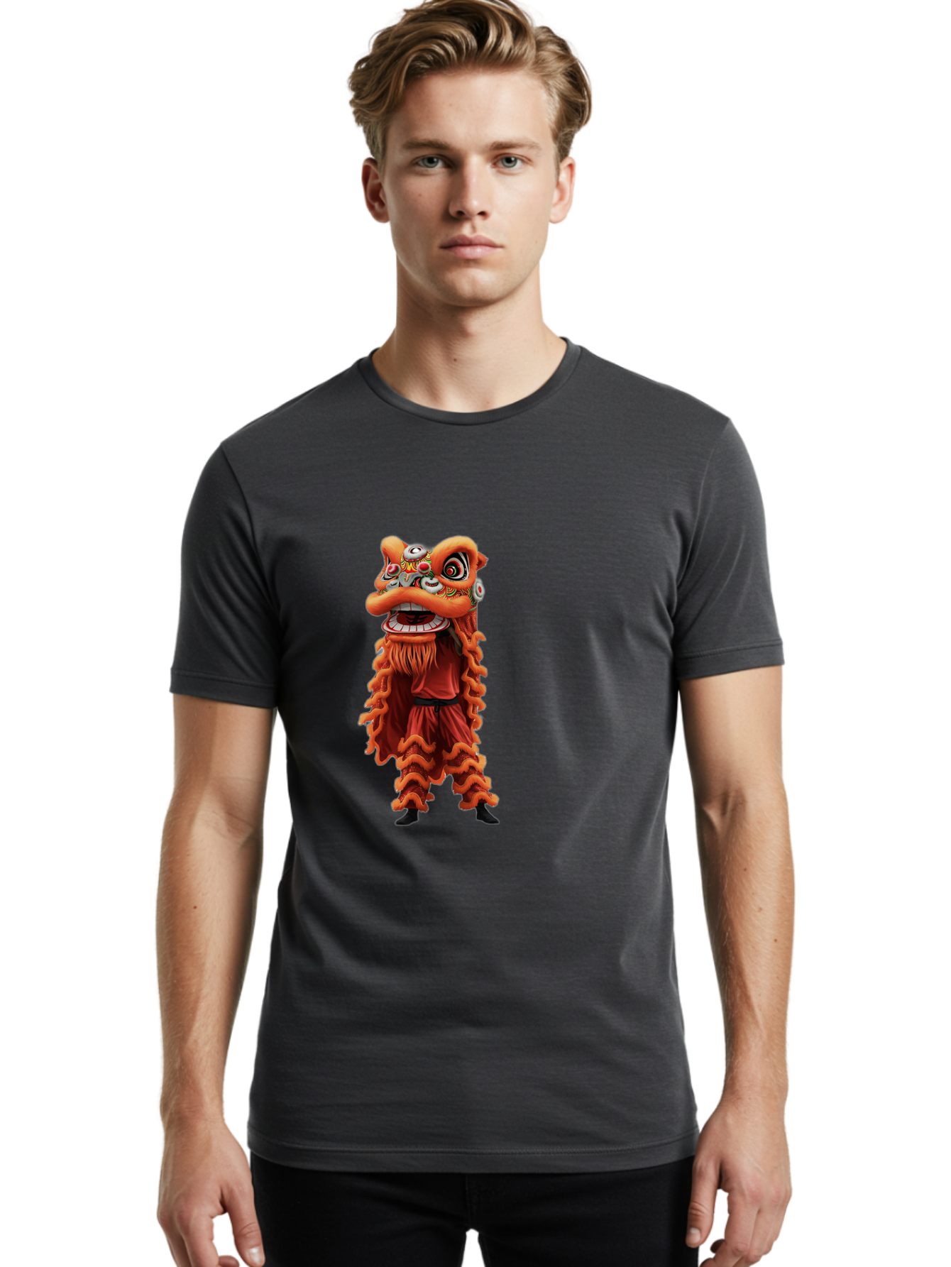 Chinese-Lion-Dance-Costume Men'S Graphic Tee, 100% Cotton, Comfortable Casual Summer Wear, Machine Washable, Chinese Lion Dance, Traditional Costume, Cultural Heritage, Mythical Creature, Vibrant Colors, Lively Performance, Intricate Design, Baa294