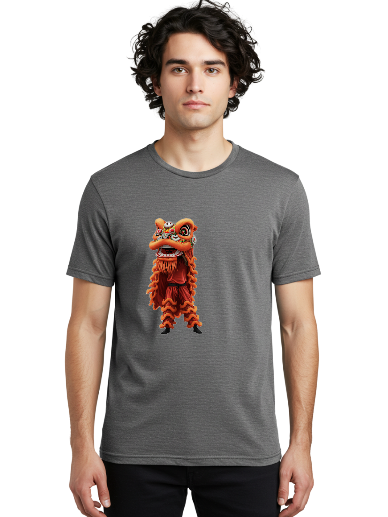 Chinese-Lion-Dance-Costume Men'S Graphic Tee, 100% Cotton, Comfortable Casual Summer Wear, Machine Washable, Chinese Lion Dance, Traditional Costume, Cultural Heritage, Mythical Creature, Vibrant Colors, Lively Performance, Intricate Design, Baa294