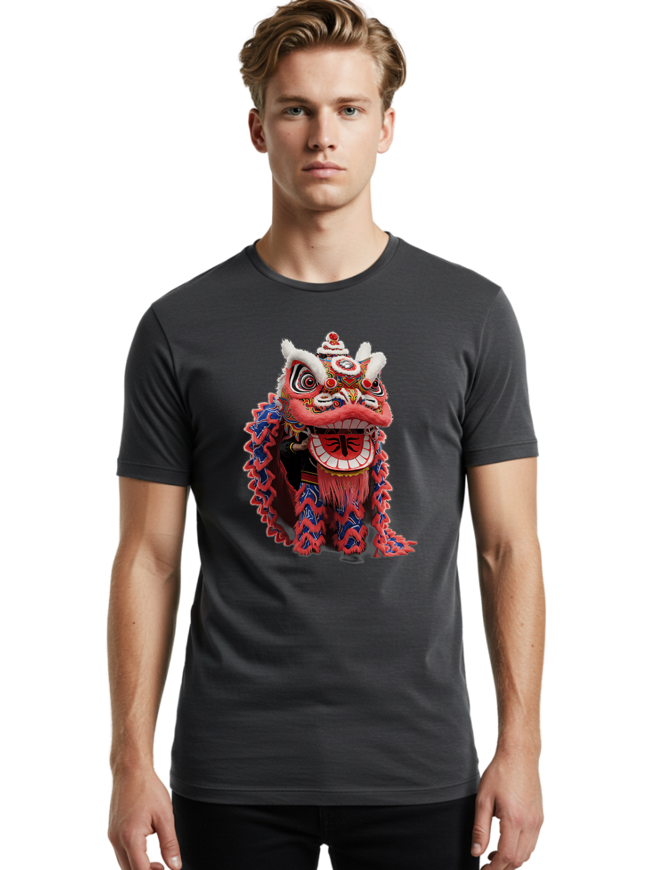 Chinese-Lion-Dance-Head Men'S Graphic Tee, 100% Cotton, Comfortable Casual Summer Wear, Machine Washable, Lion Dance Costume, Traditional Chinese Lion, Cultural Heritage, Festive Celebrations, Vibrant Colors, Intricate Designs, Baa295
