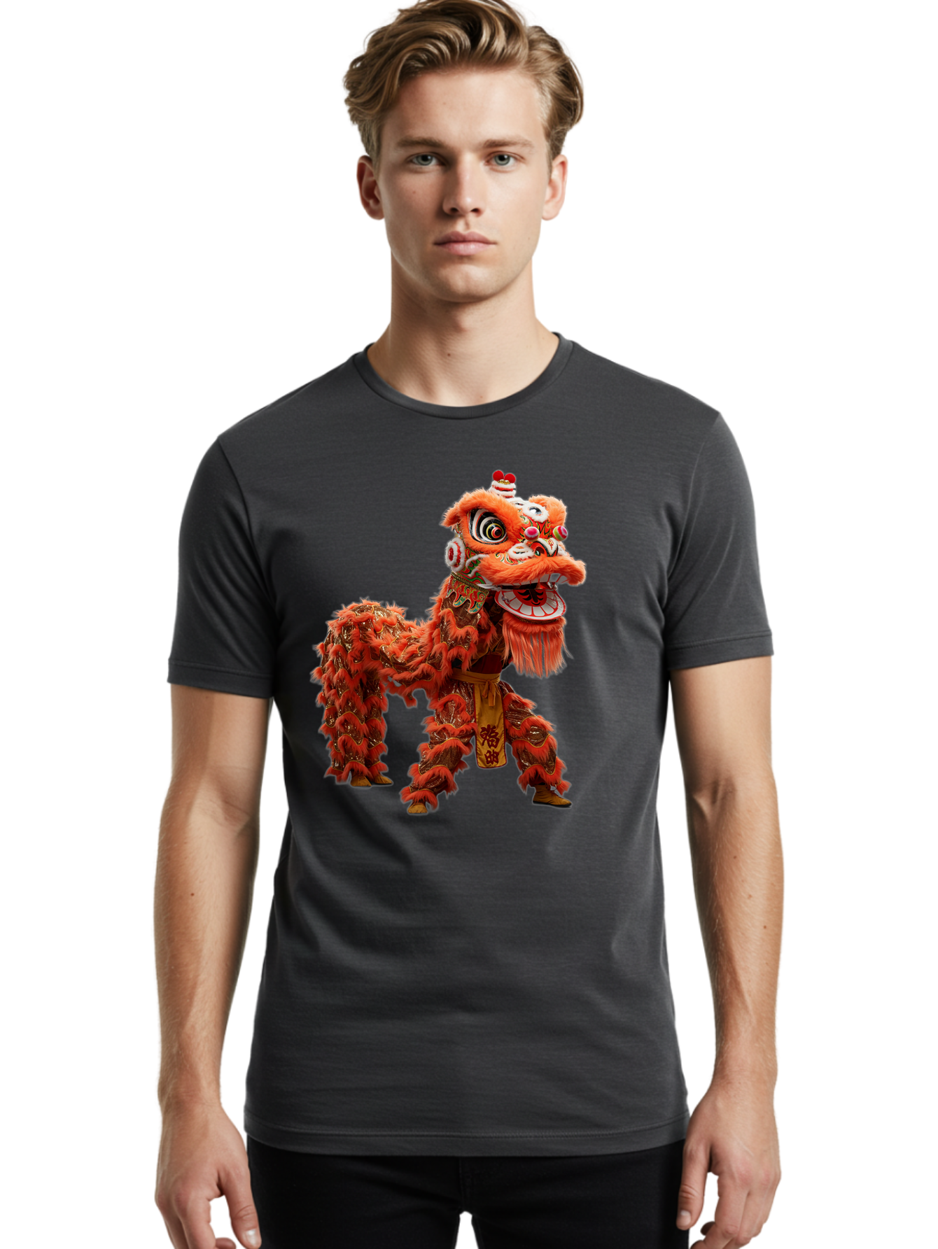 Chinese-Lion-Dance Men'S Graphic Tee, 100% Cotton, Comfortable Casual Summer Wear, Machine Washable, Lion Dance Costume, Traditional Chinese Dance, Cultural Heritage, Vibrant Orange, Festive Atmosphere, Intricate Designs, Mythical Creature, Baa296