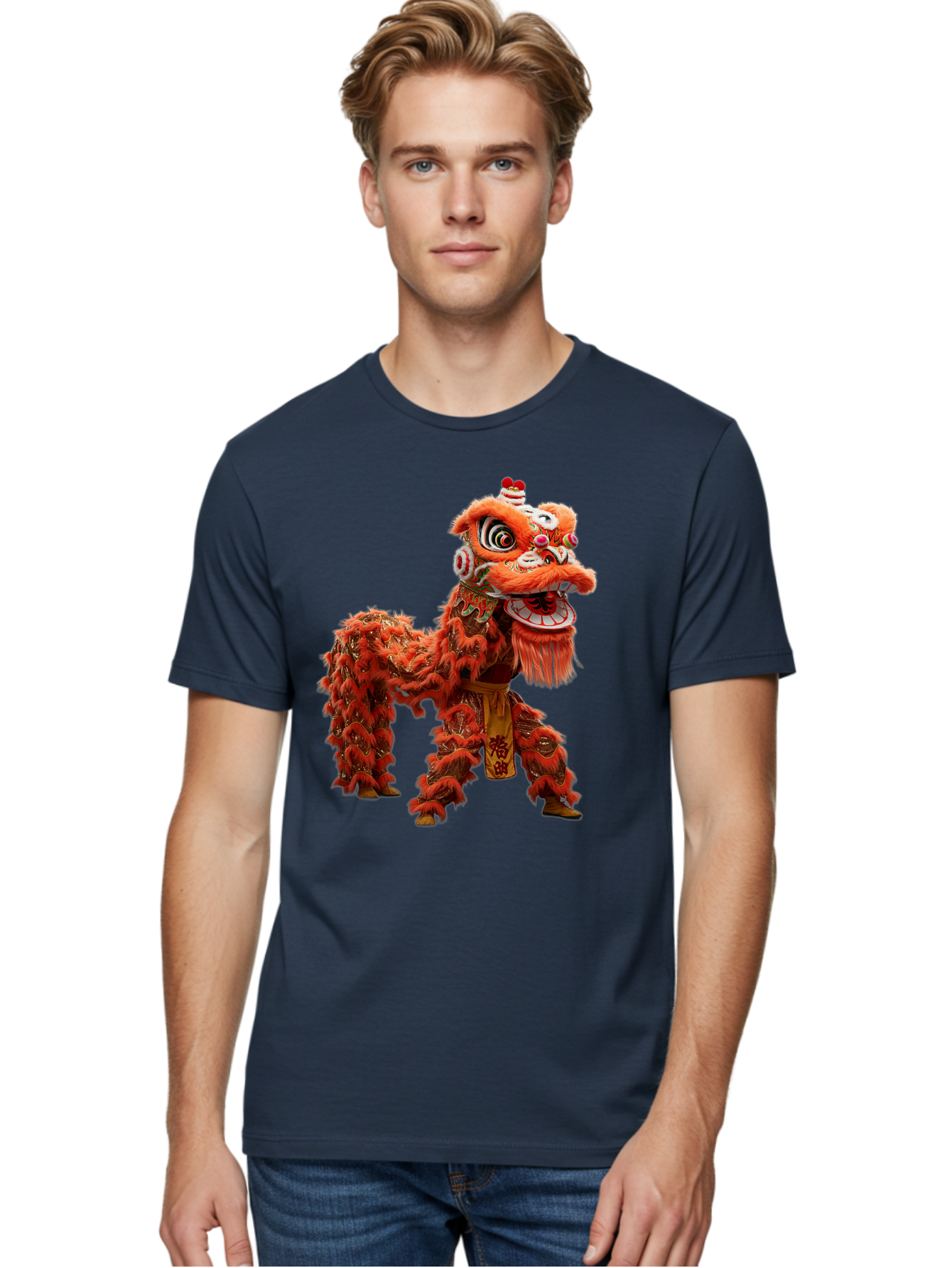 Chinese-Lion-Dance Men'S Graphic Tee, 100% Cotton, Comfortable Casual Summer Wear, Machine Washable, Lion Dance Costume, Traditional Chinese Dance, Cultural Heritage, Vibrant Orange, Festive Atmosphere, Intricate Designs, Mythical Creature, Baa296