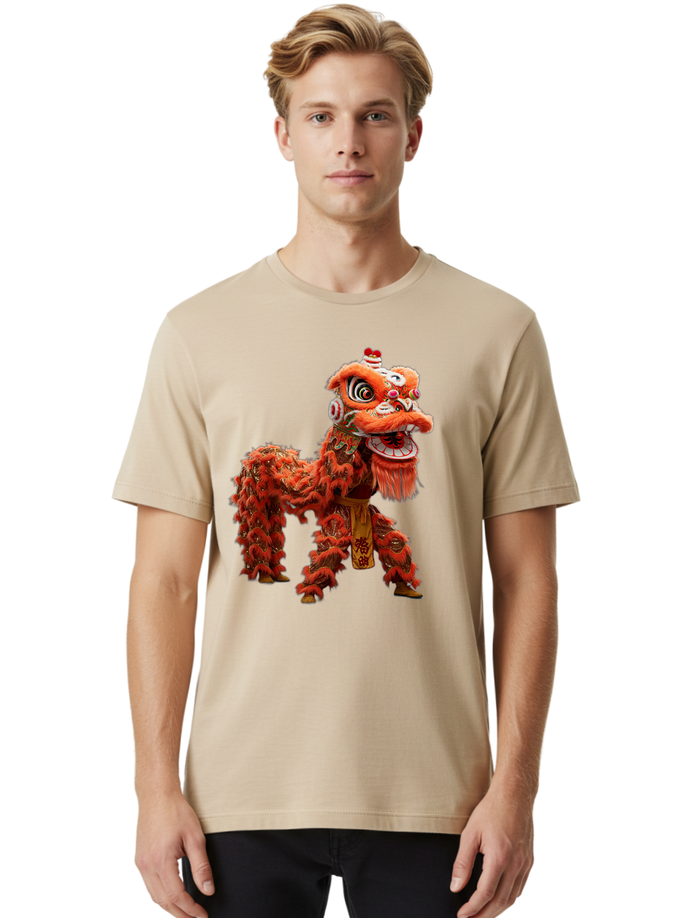 Chinese-Lion-Dance Men'S Graphic Tee, 100% Cotton, Comfortable Casual Summer Wear, Machine Washable, Lion Dance Costume, Traditional Chinese Dance, Cultural Heritage, Vibrant Orange, Festive Atmosphere, Intricate Designs, Mythical Creature, Baa296