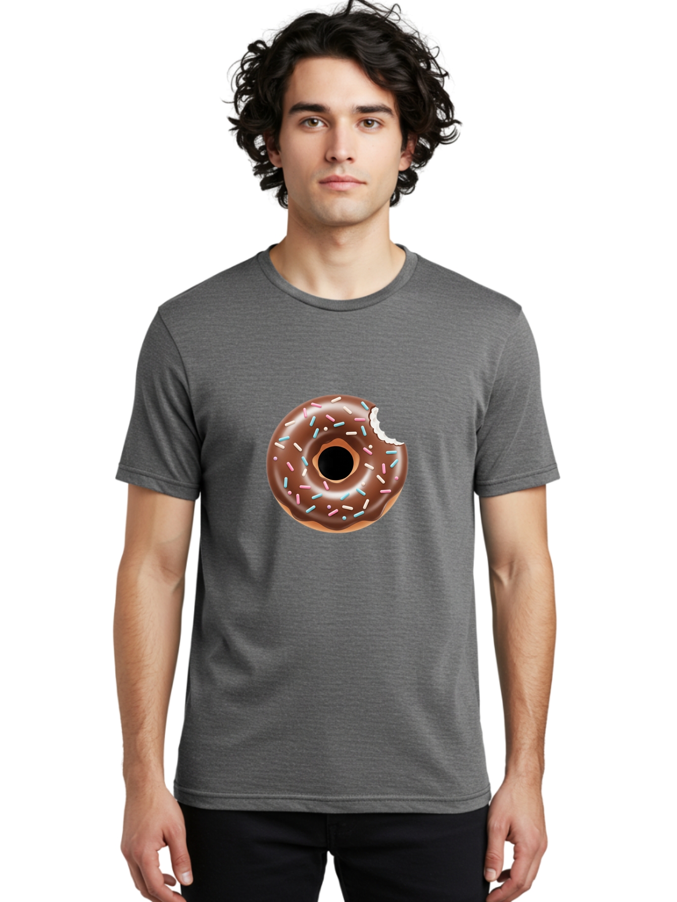 Chocolate-Donut-5 Men'S Graphic Tee, 100% Cotton, Comfortable Casual Summer Wear, Machine Washable, Chocolate Glazed Donut, Donut With Sprinkles, Bitten Donut, Sweet Treats, Baked Goods, Indulgent Desserts, Tasty Pastry, Colorful Sprinkles, Baa304