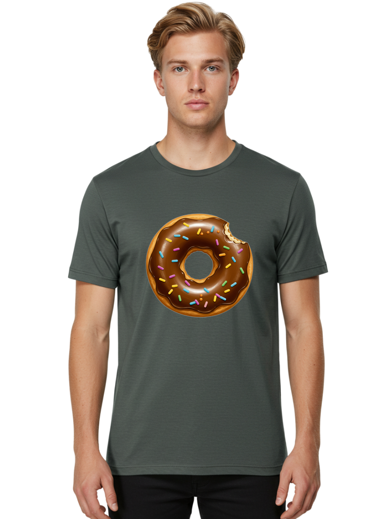 Chocolate-Donut-Sprinkles Men'S Graphic Tee, 100% Cotton, Comfortable Casual Summer Wear, Machine Washable, Chocolate Donut, Donut With Sprinkles, Bitten Donut, Sweet Treats, Baked Goods, Chocolate Glaze, Colorful Sprinkles, Tempting Dessert, Baa307