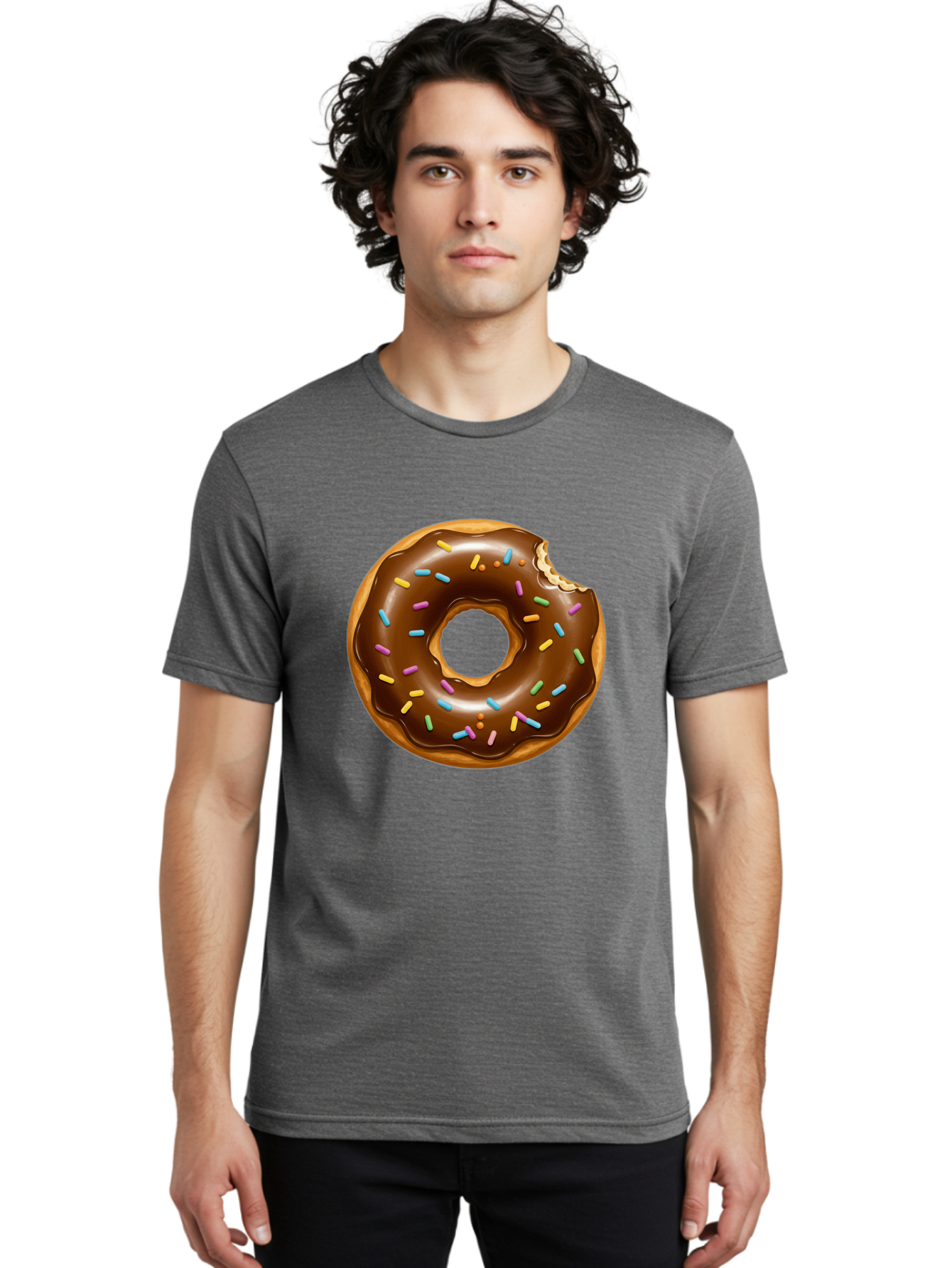 Chocolate-Donut-Sprinkles Men'S Graphic Tee, 100% Cotton, Comfortable Casual Summer Wear, Machine Washable, Chocolate Donut, Donut With Sprinkles, Bitten Donut, Sweet Treats, Baked Goods, Chocolate Glaze, Colorful Sprinkles, Tempting Dessert, Baa307