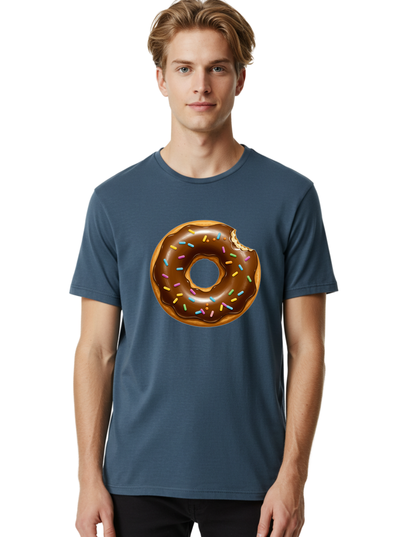 Chocolate-Donut-Sprinkles Men'S Graphic Tee, 100% Cotton, Comfortable Casual Summer Wear, Machine Washable, Chocolate Donut, Donut With Sprinkles, Bitten Donut, Sweet Treats, Baked Goods, Chocolate Glaze, Colorful Sprinkles, Tempting Dessert, Baa307