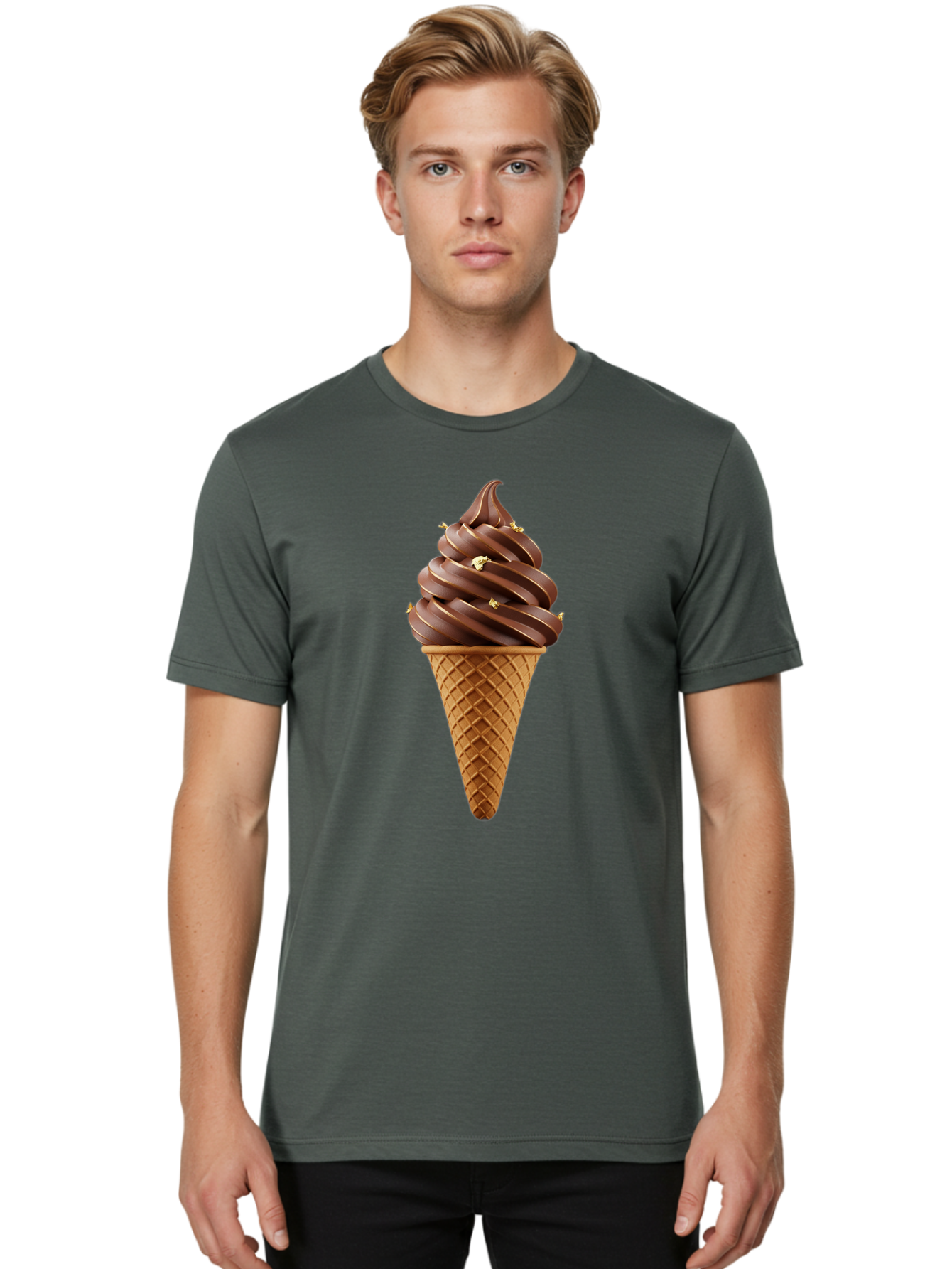 Chocolate-Ice-Cream-Cone Men'S Graphic Tee, 100% Cotton, Comfortable Casual Summer Wear, Machine Washable, Chocolate Ice Cream Cone, Chocolate Soft Serve, Edible Gold Decorations, Dessert Treats, Chocolatey Delights, Ice Cream Novelty, Baa310