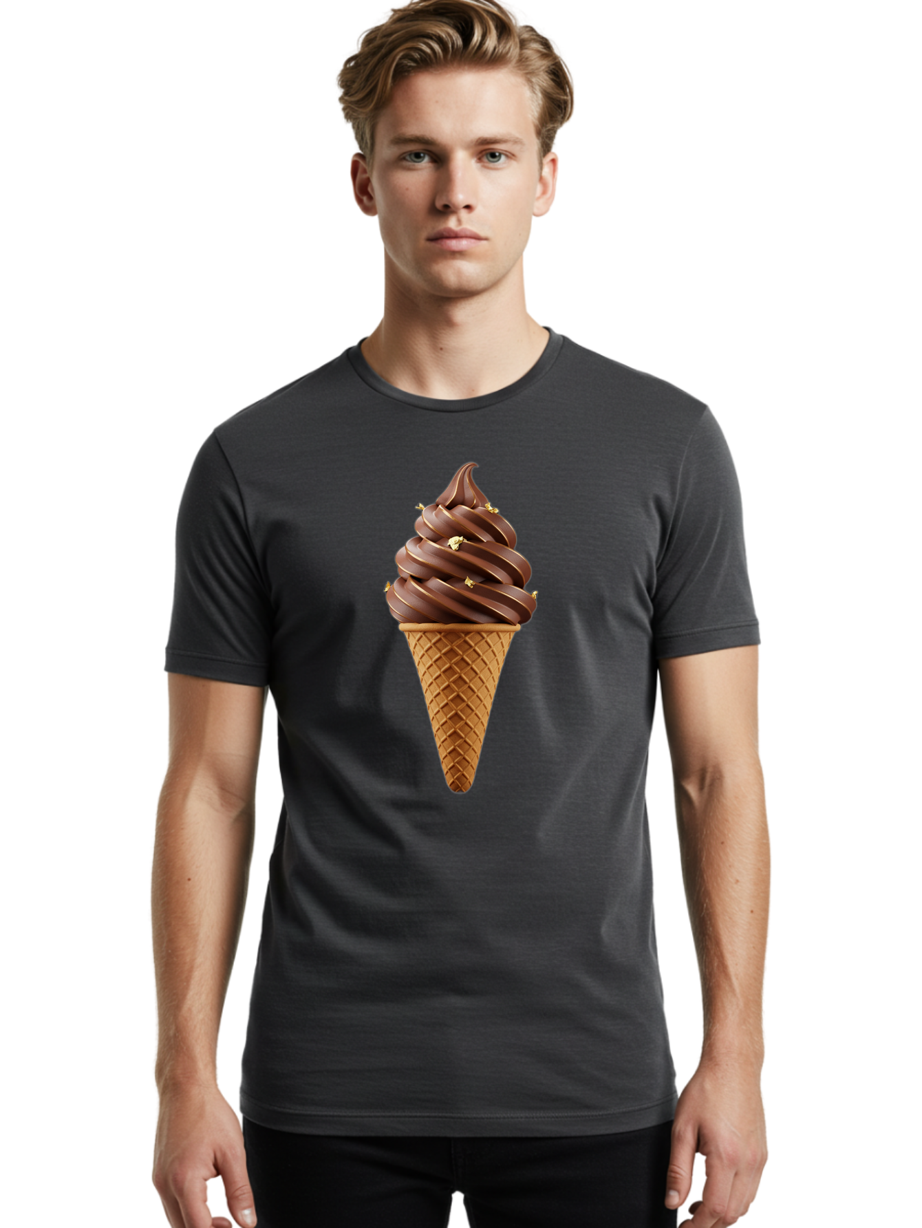 Chocolate-Ice-Cream-Cone Men'S Graphic Tee, 100% Cotton, Comfortable Casual Summer Wear, Machine Washable, Chocolate Ice Cream Cone, Chocolate Soft Serve, Edible Gold Decorations, Dessert Treats, Chocolatey Delights, Ice Cream Novelty, Baa310