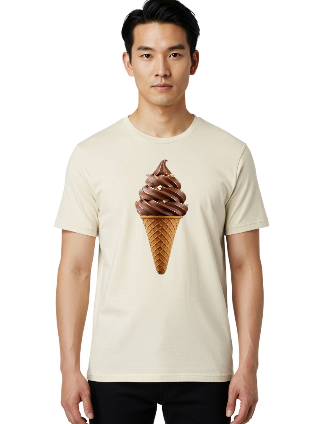 Chocolate-Ice-Cream-Cone Men'S Graphic Tee, 100% Cotton, Comfortable Casual Summer Wear, Machine Washable, Chocolate Ice Cream Cone, Chocolate Soft Serve, Edible Gold Decorations, Dessert Treats, Chocolatey Delights, Ice Cream Novelty, Baa310