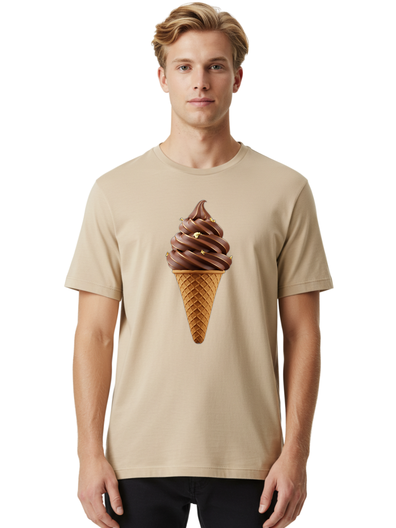 Chocolate-Ice-Cream-Cone Men'S Graphic Tee, 100% Cotton, Comfortable Casual Summer Wear, Machine Washable, Chocolate Ice Cream Cone, Chocolate Soft Serve, Edible Gold Decorations, Dessert Treats, Chocolatey Delights, Ice Cream Novelty, Baa310