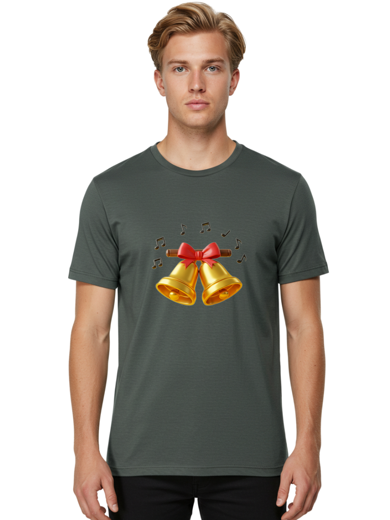 Christmas-Bells-1 Men'S Graphic Tee, 100% Cotton, Comfortable Casual Summer Wear, Machine Washable, Golden Christmas Bells, Red Bow, Festive Decor, Holiday Season, Jingling Sound, Musical Notes, Celebration, Joyful Atmosphere, Merry Christmas, Baa313