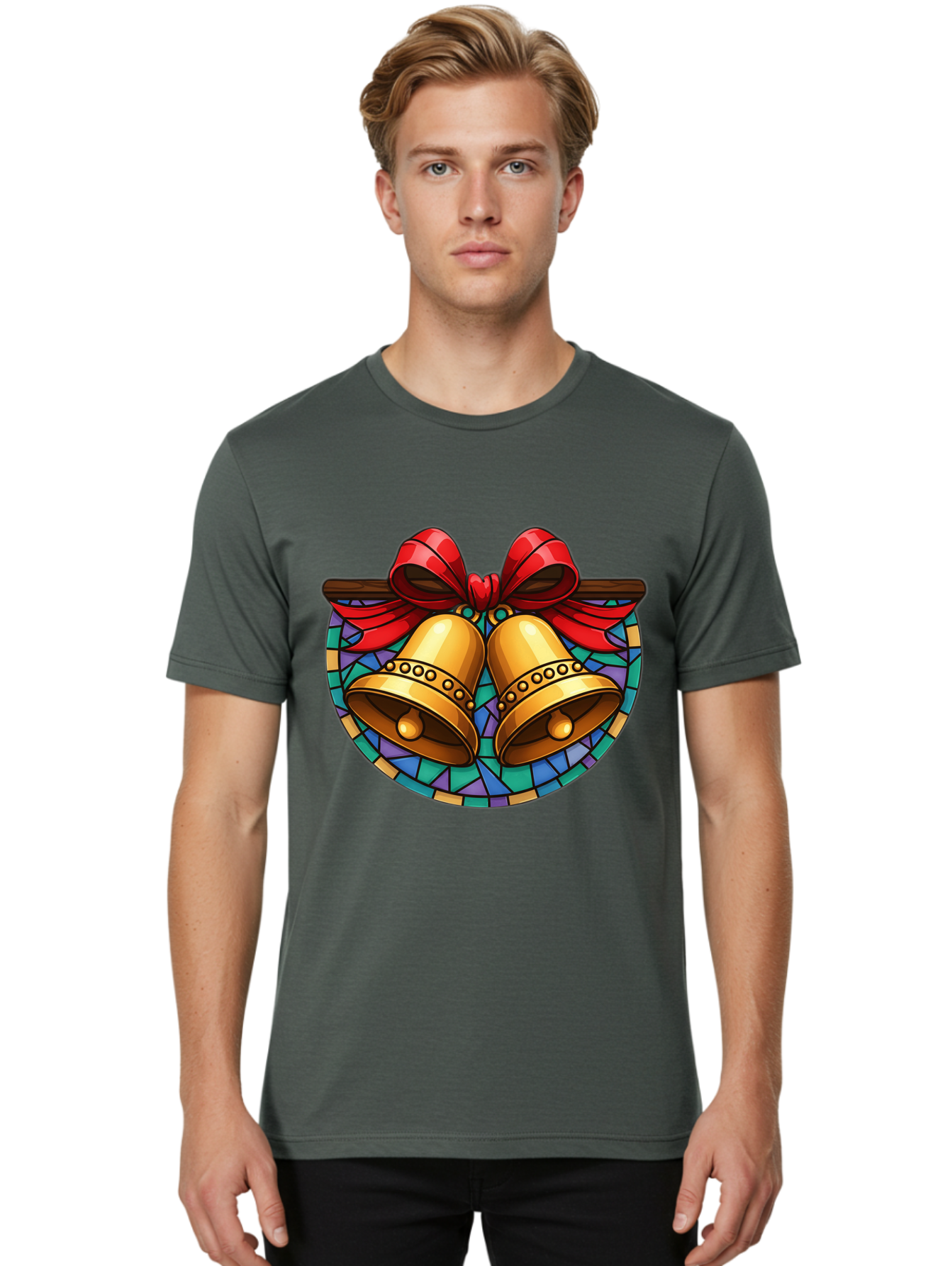 Christmas-Bells-Stained-Glass Men'S Graphic Tee, 100% Cotton, Comfortable Casual Summer Wear, Machine Washable, Golden Christmas Bells, Stained Glass, Red Ribbon, Festive Decorations, Holiday Cheer, Christmas Celebration, Vintage Style, Baa315